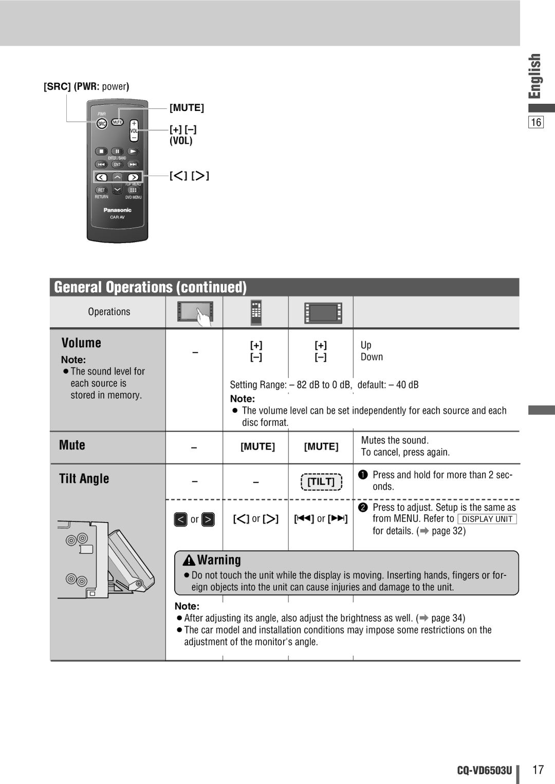 Panasonic CQ-VD6503U warranty Volume, Mute, Tilt Angle 