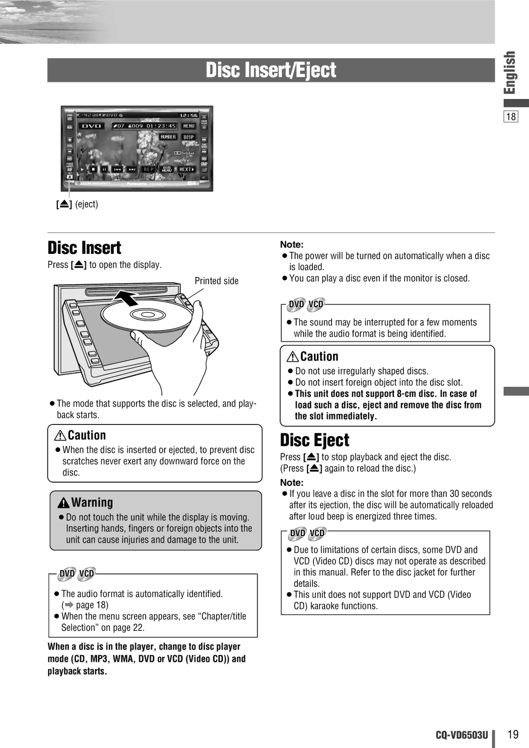 Panasonic CQ-VD6503U warranty Disc Insert/Eject, Disc Eject, ¡Do not use irregularly shaped discs 