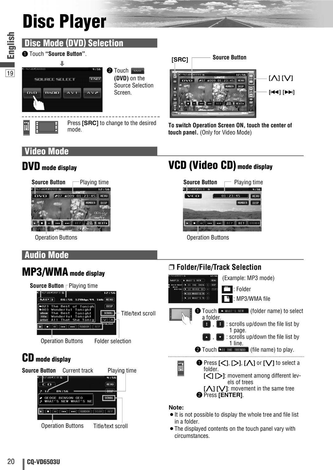 Panasonic CQ-VD6503U warranty Disc Player, Disc Mode DVD Selection, Video Mode, VCD Video CD mode display, Audio Mode 