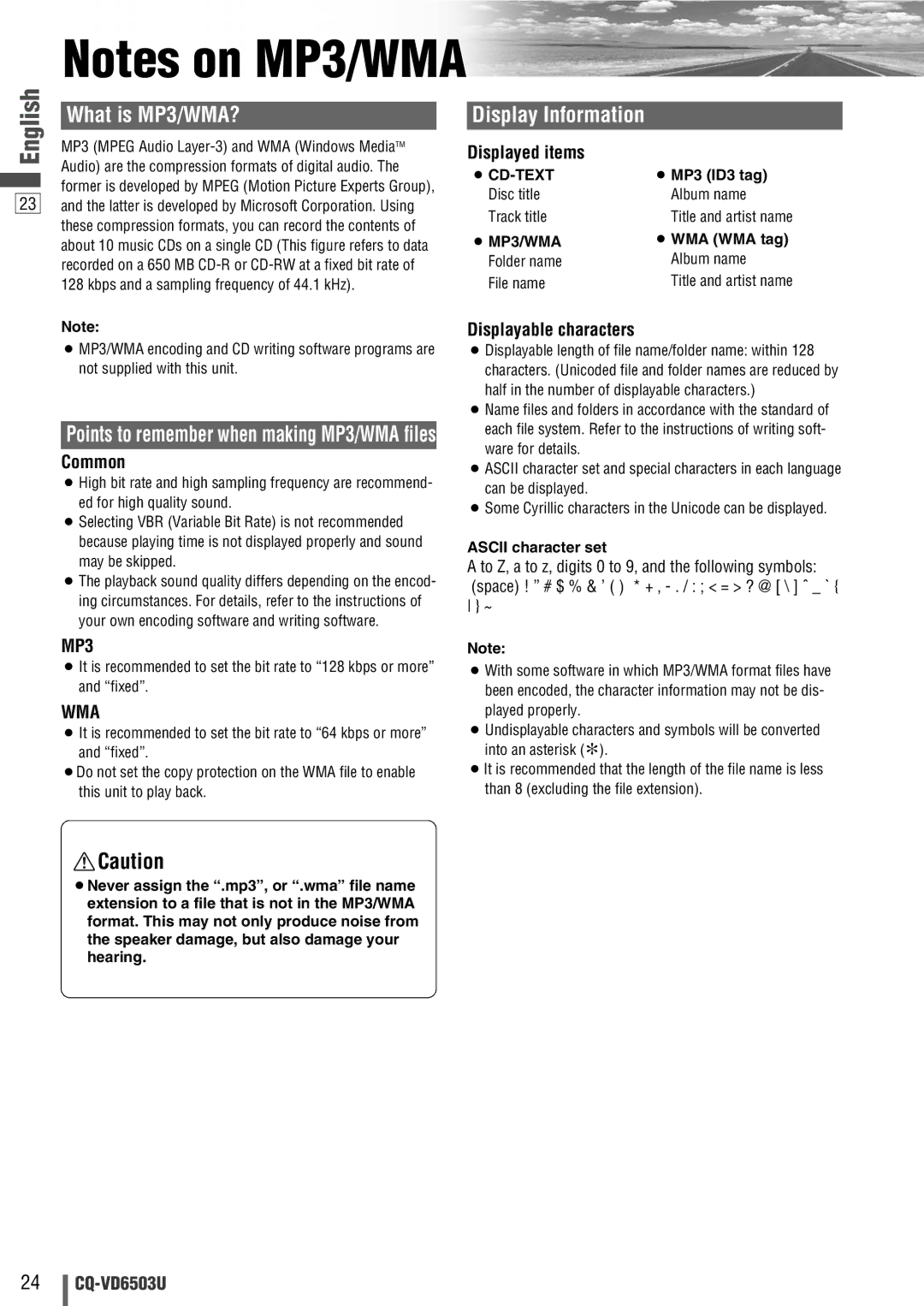 Panasonic CQ-VD6503U warranty Common, Displayed items, Displayable characters, MP3, Wma 