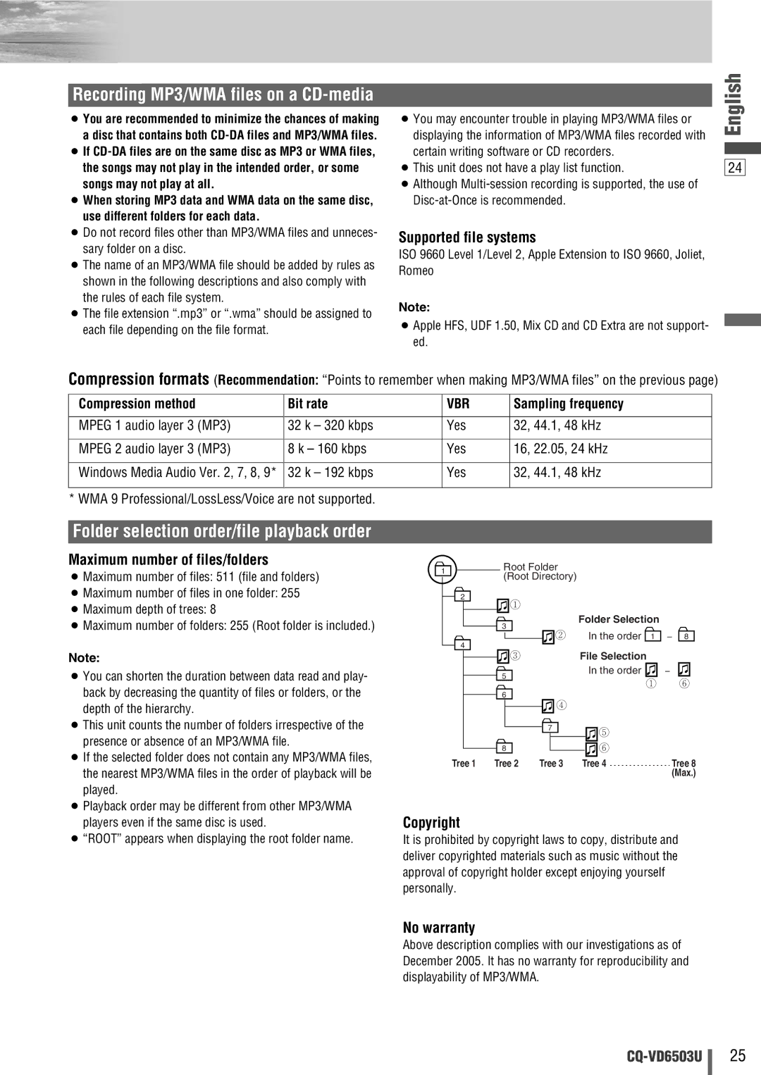 Panasonic CQ-VD6503U Supported file systems, Maximum number of files/folders, Copyright, No warranty, Vbr 