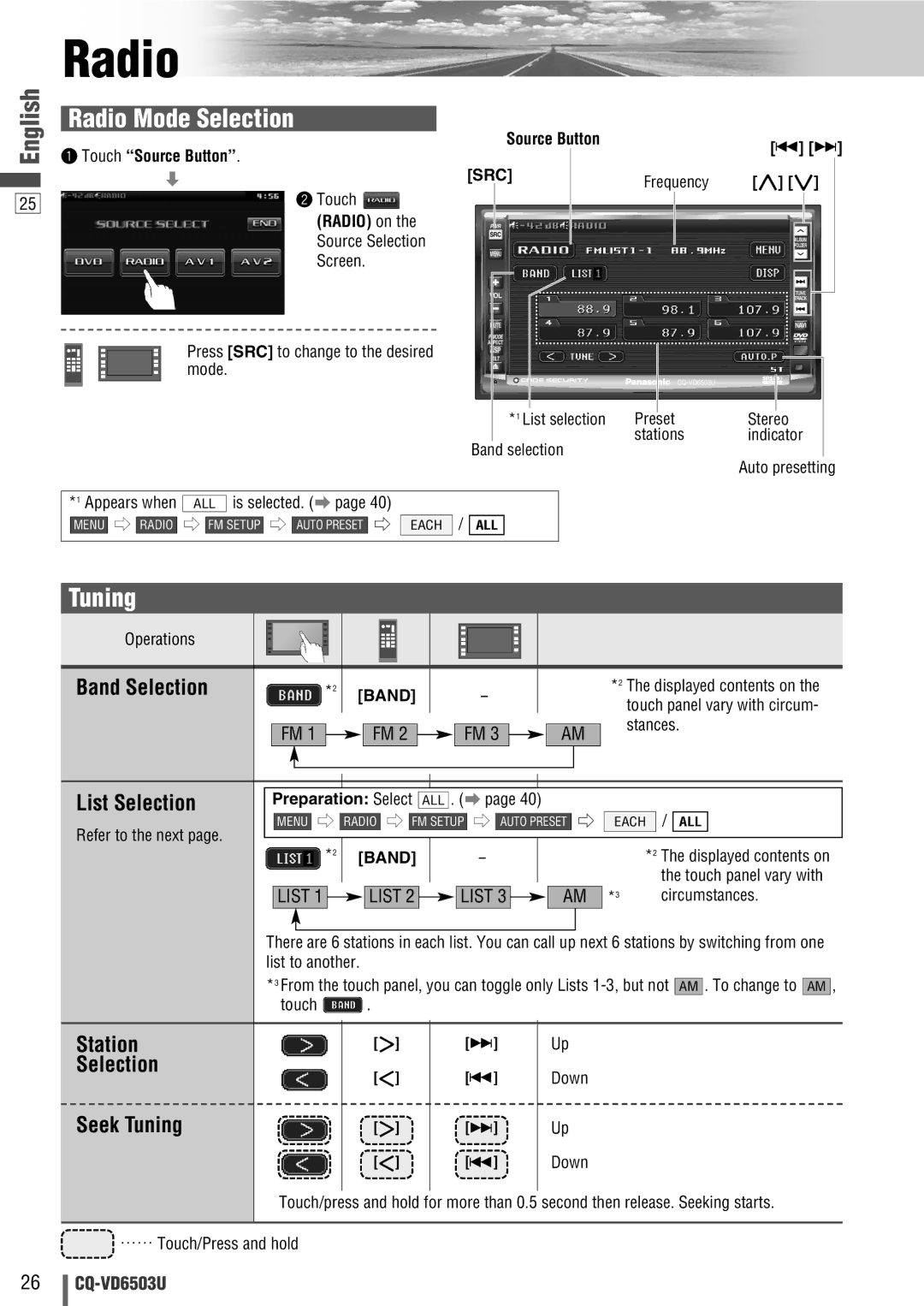 Panasonic CQ-VD6503U warranty Radio Mode Selection, Tuning 