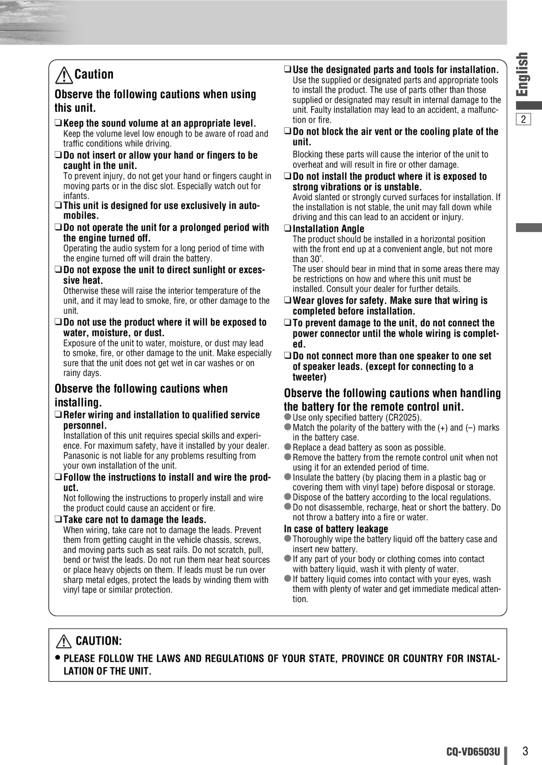 Panasonic CQ-VD6503U Observe the following cautions when using this unit, Observe the following cautions when installing 