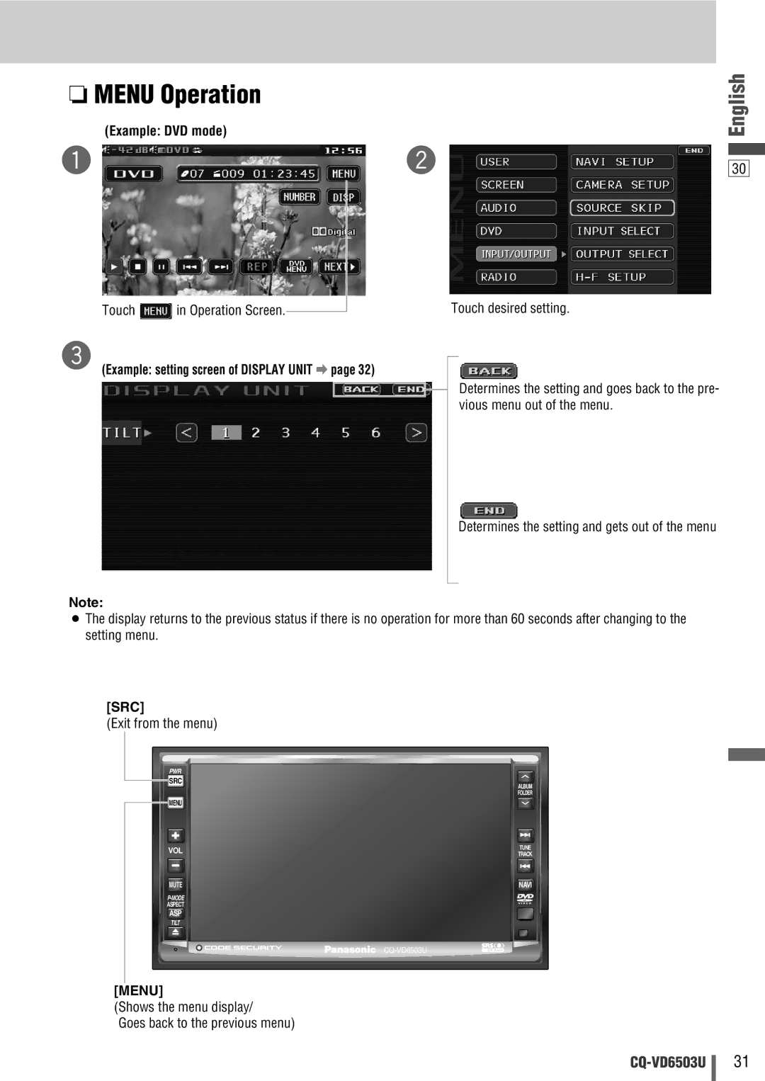 Panasonic CQ-VD6503U warranty Menu Operation, Example setting screen of Display Unit a 