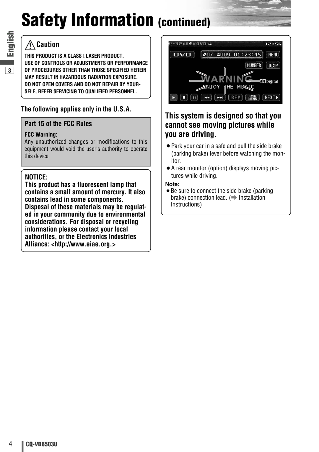 Panasonic CQ-VD6503U warranty Safety Information, FCC Warning 