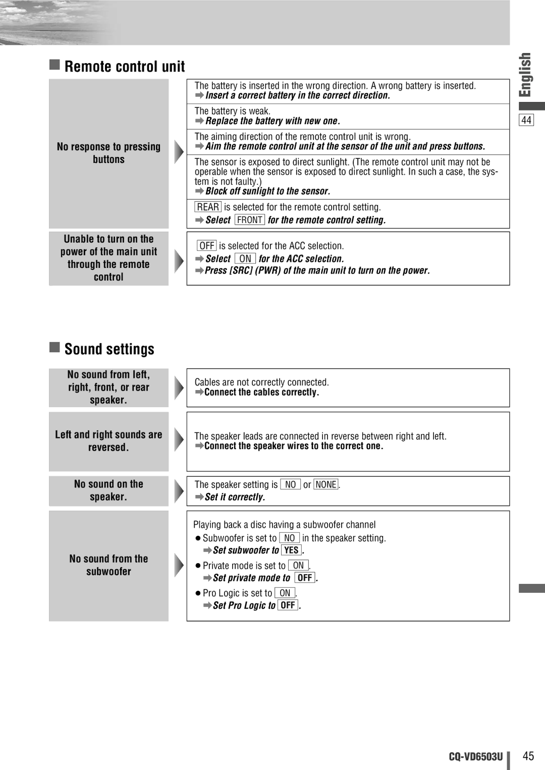 Panasonic CQ-VD6503U warranty Sound settings, AConnect the cables correctly 