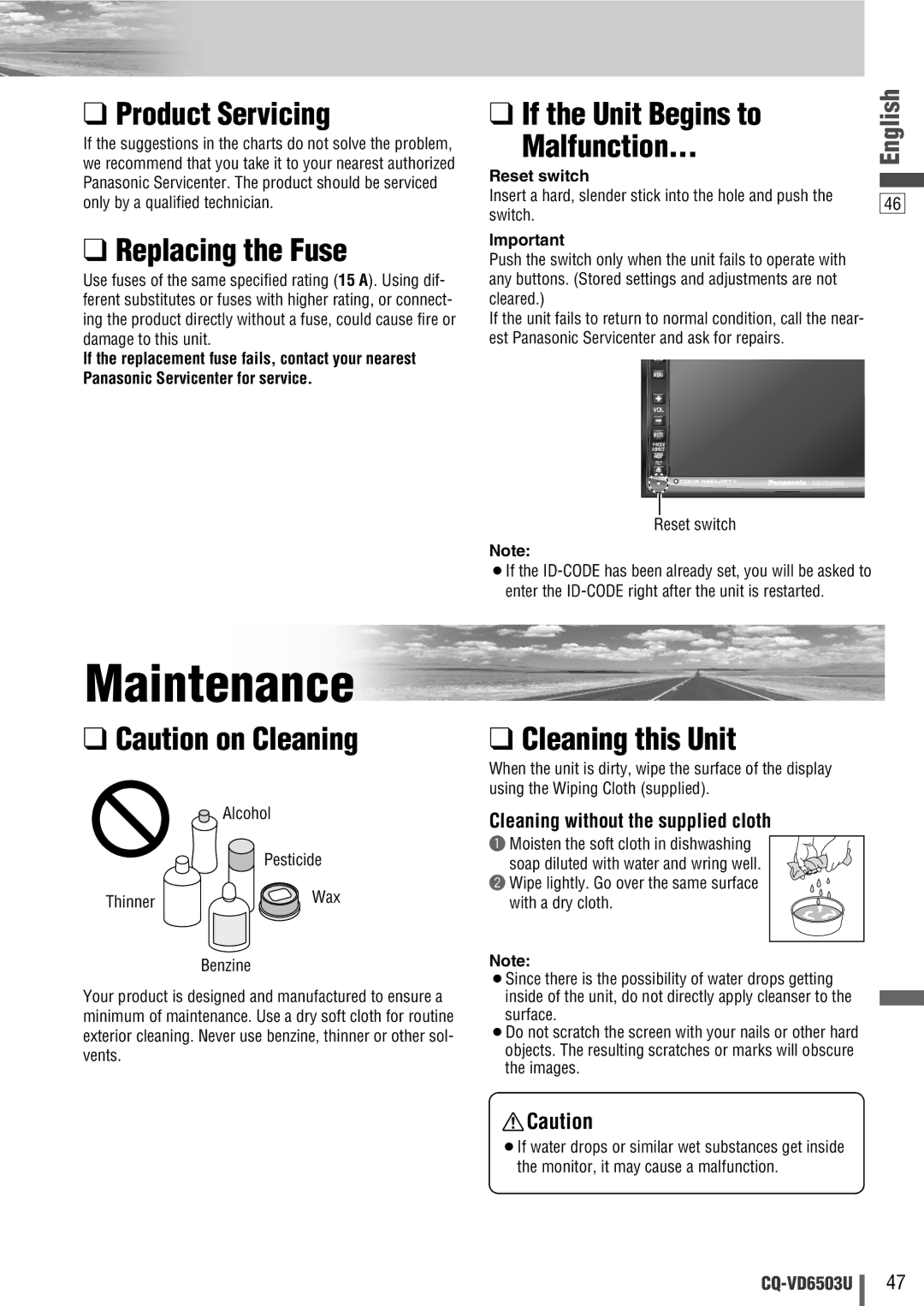 Panasonic CQ-VD6503U warranty Maintenance 