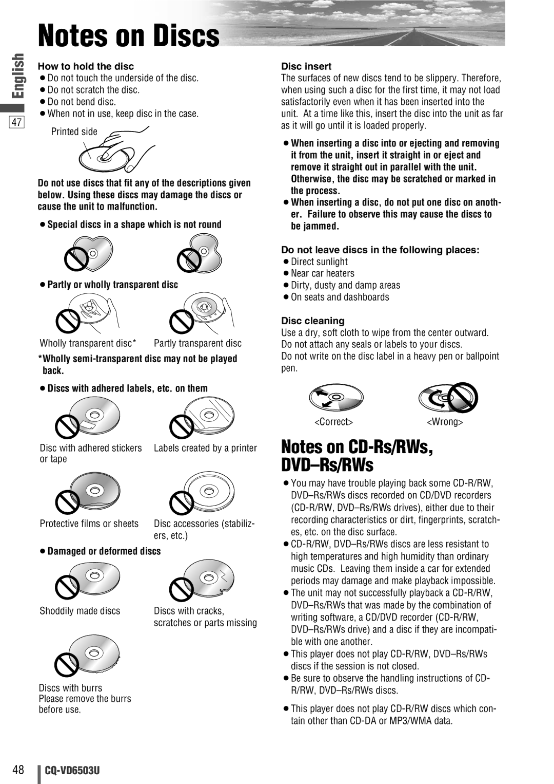 Panasonic CQ-VD6503U warranty DVD-Rs/RWs, How to hold the disc, ¡Damaged or deformed discs, Disc insert, Disc cleaning 