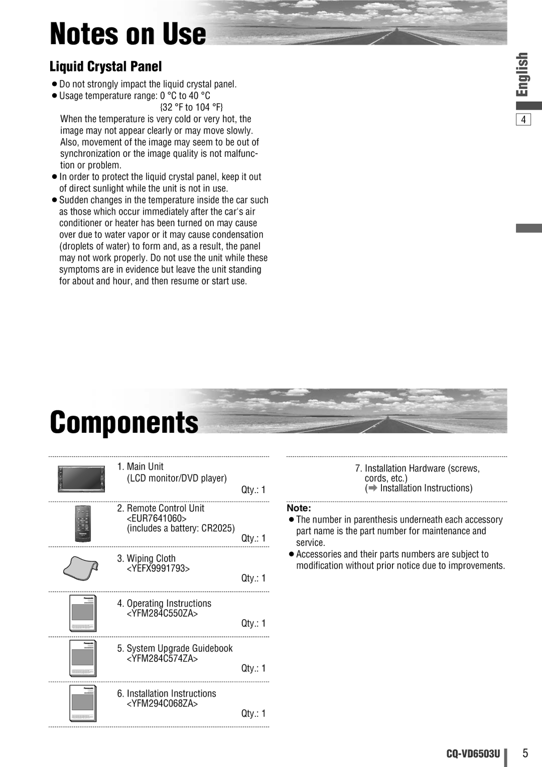 Panasonic CQ-VD6503U warranty Components 