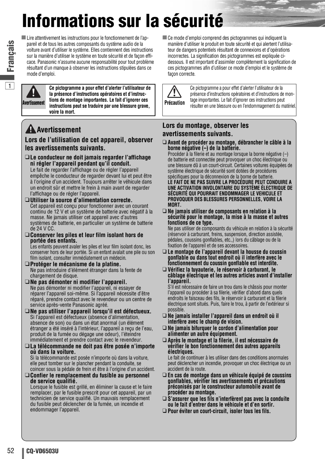 Panasonic CQ-VD6503U warranty Informations sur la sécurité, Avertissement 