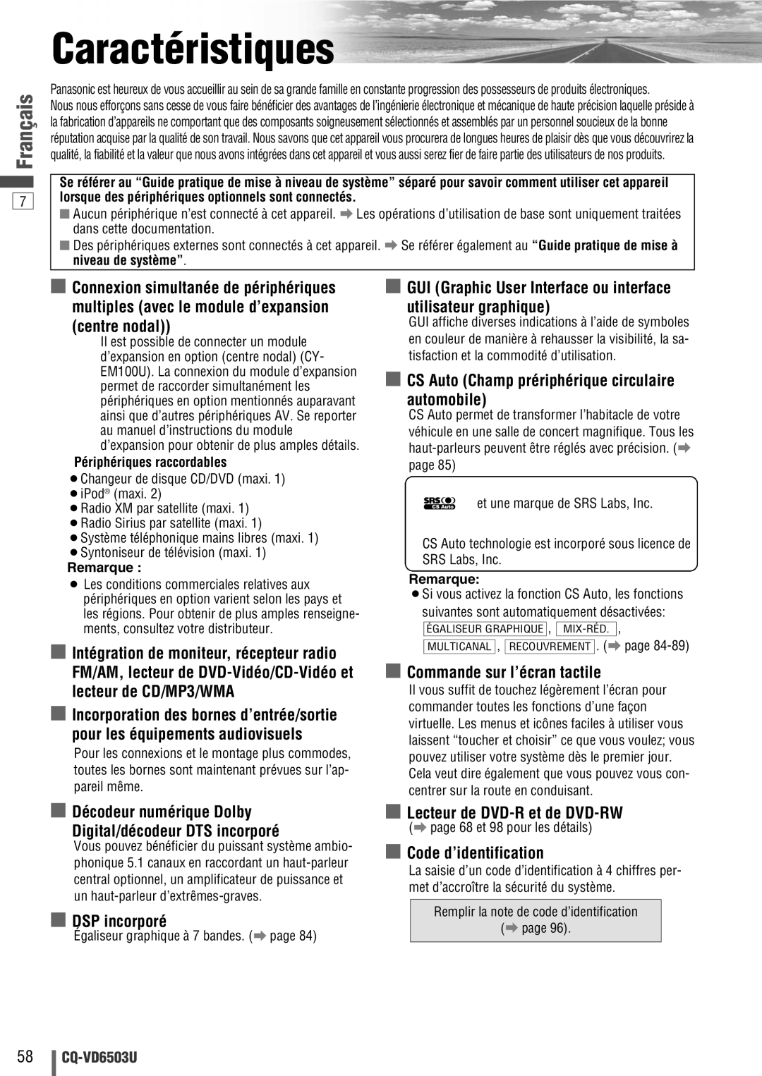 Panasonic CQ-VD6503U warranty Caractéristiques 