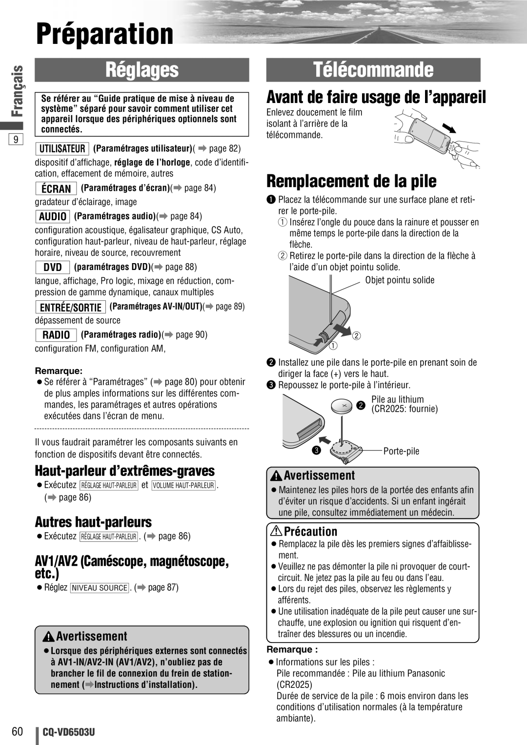 Panasonic CQ-VD6503U warranty Préparation, Réglages, Télécommande, Remplacement de la pile 
