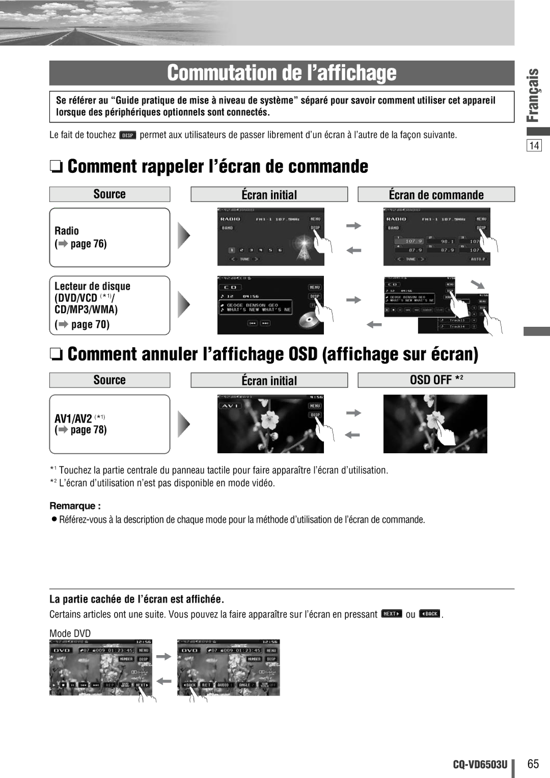 Panasonic CQ-VD6503U Commutation de l’affichage, Comment rappeler l’écran de commande, Écran initial Écran de commande 