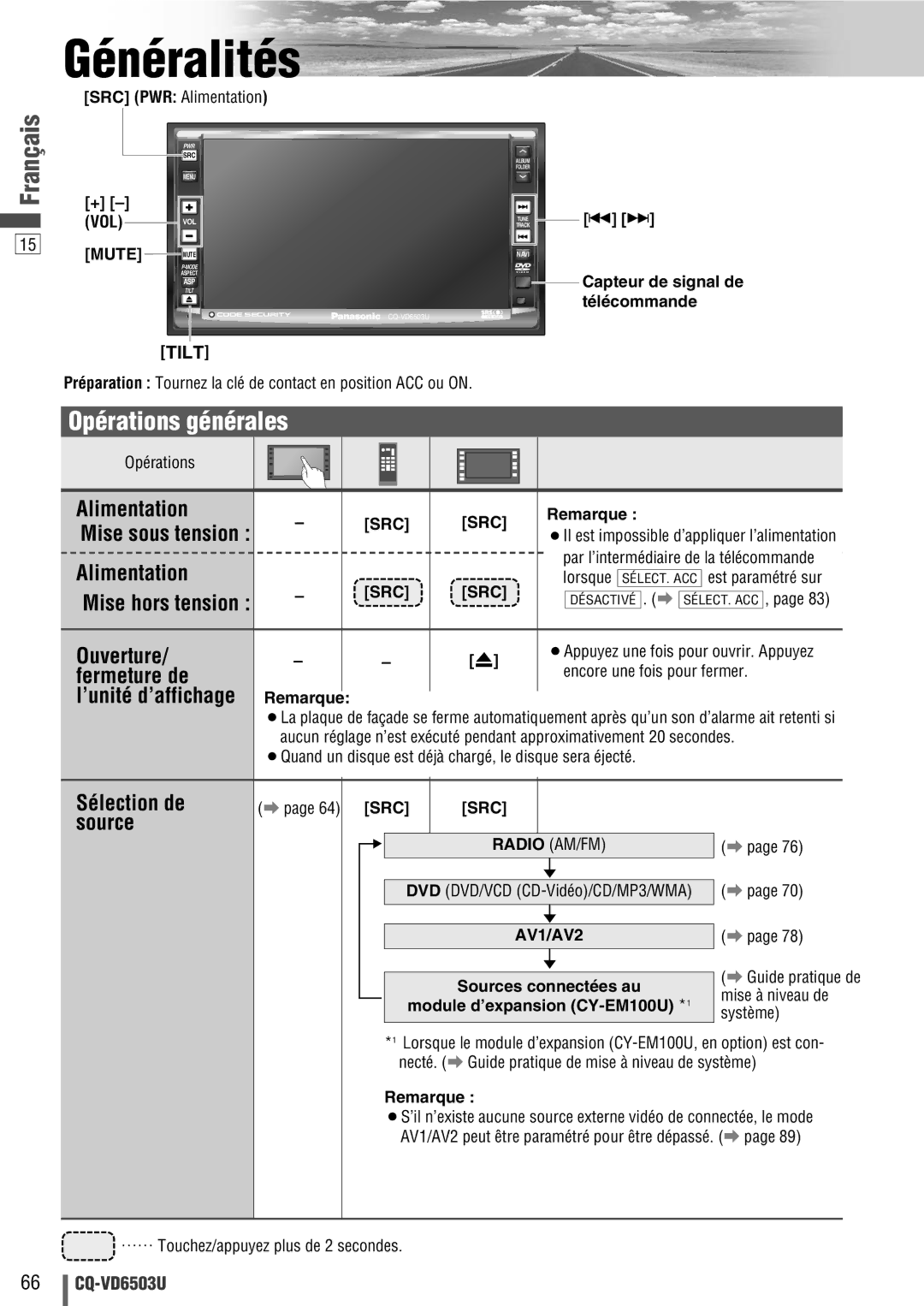 Panasonic CQ-VD6503U warranty Généralités, Opérations générales 