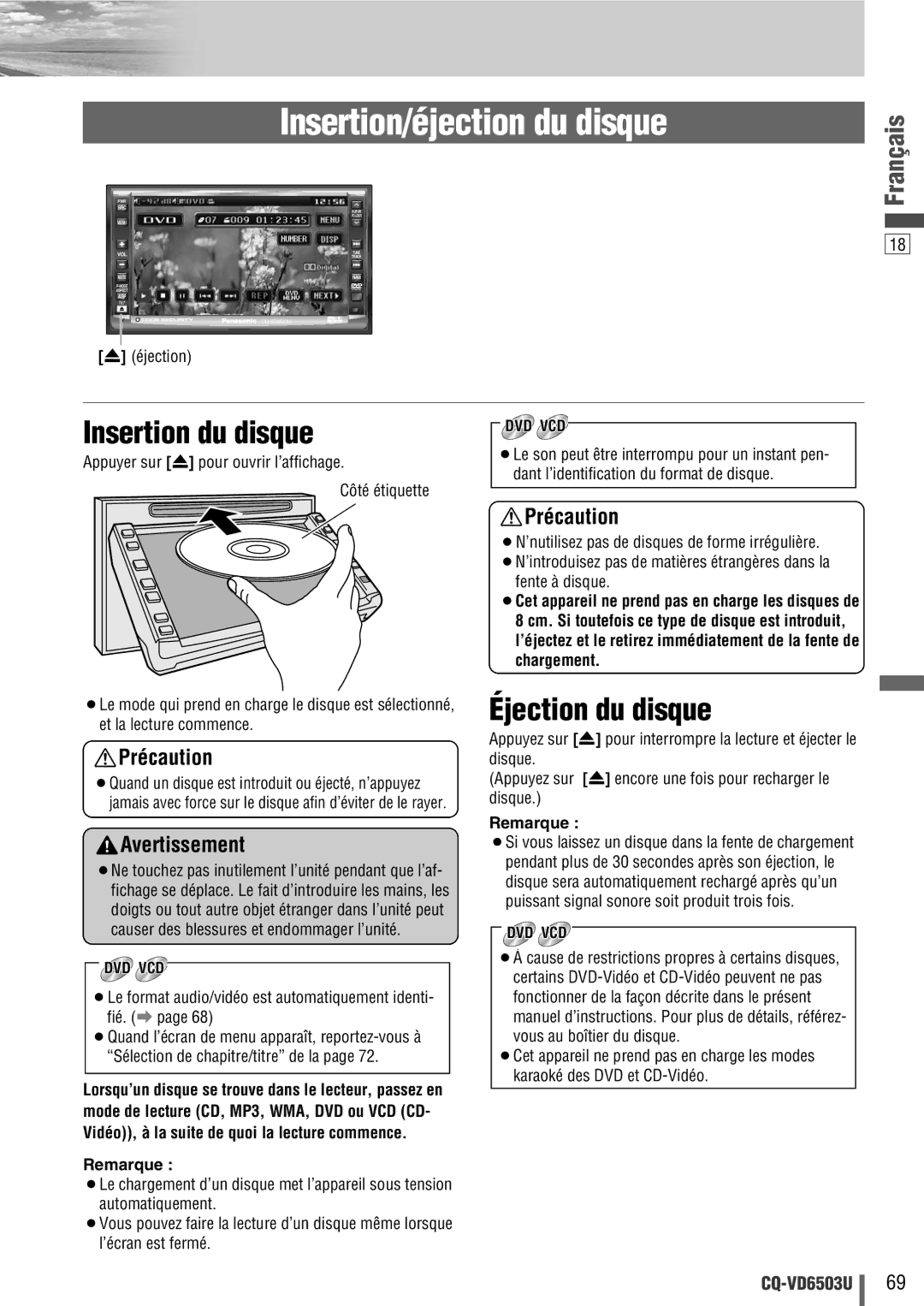 Panasonic CQ-VD6503U warranty Insertion/éjection du disque, Insertion du disque, Éjection du disque 