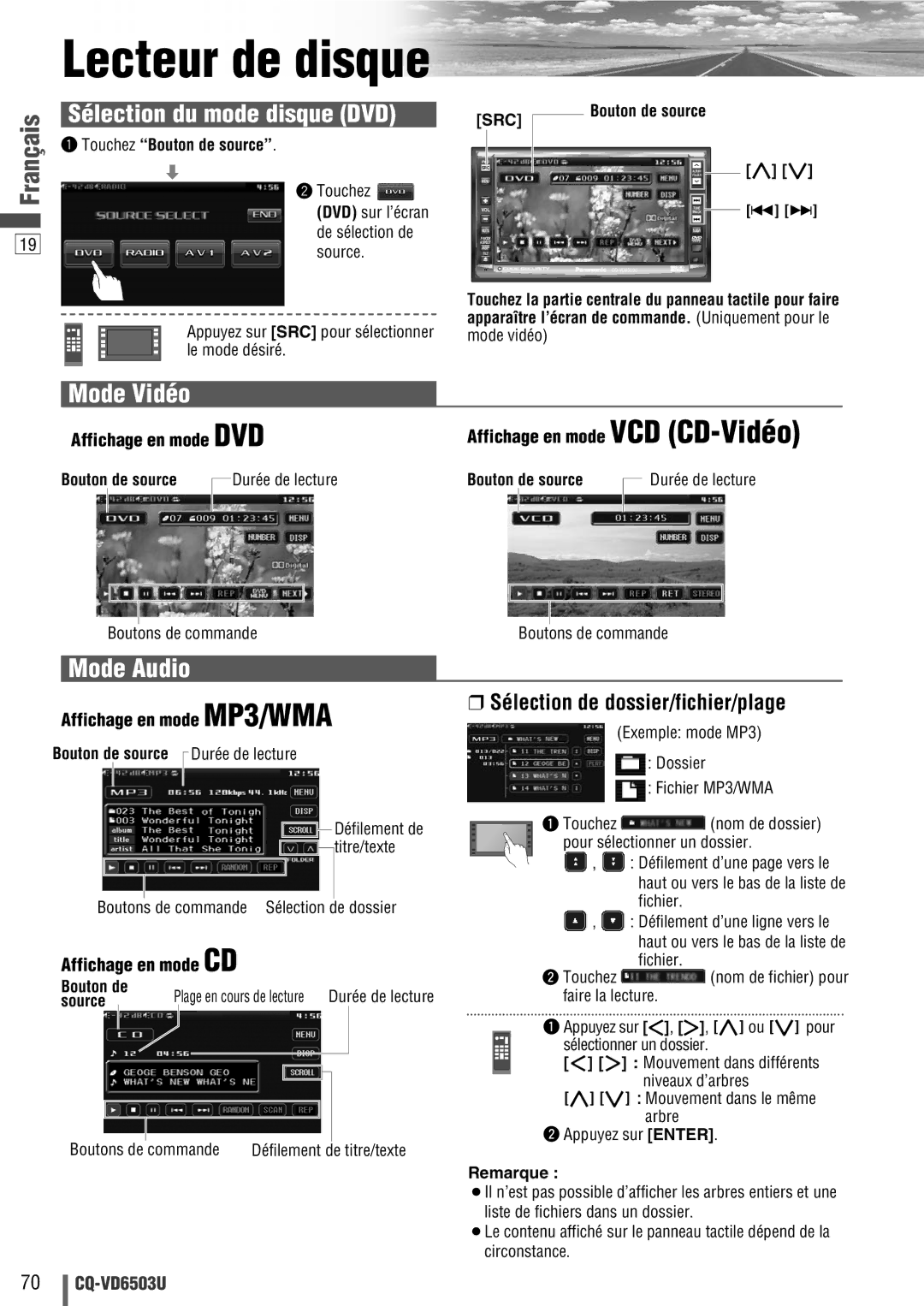 Panasonic CQ-VD6503U warranty Mode Vidéo, Mode Audio, Sélection de dossier/fichier/plage 