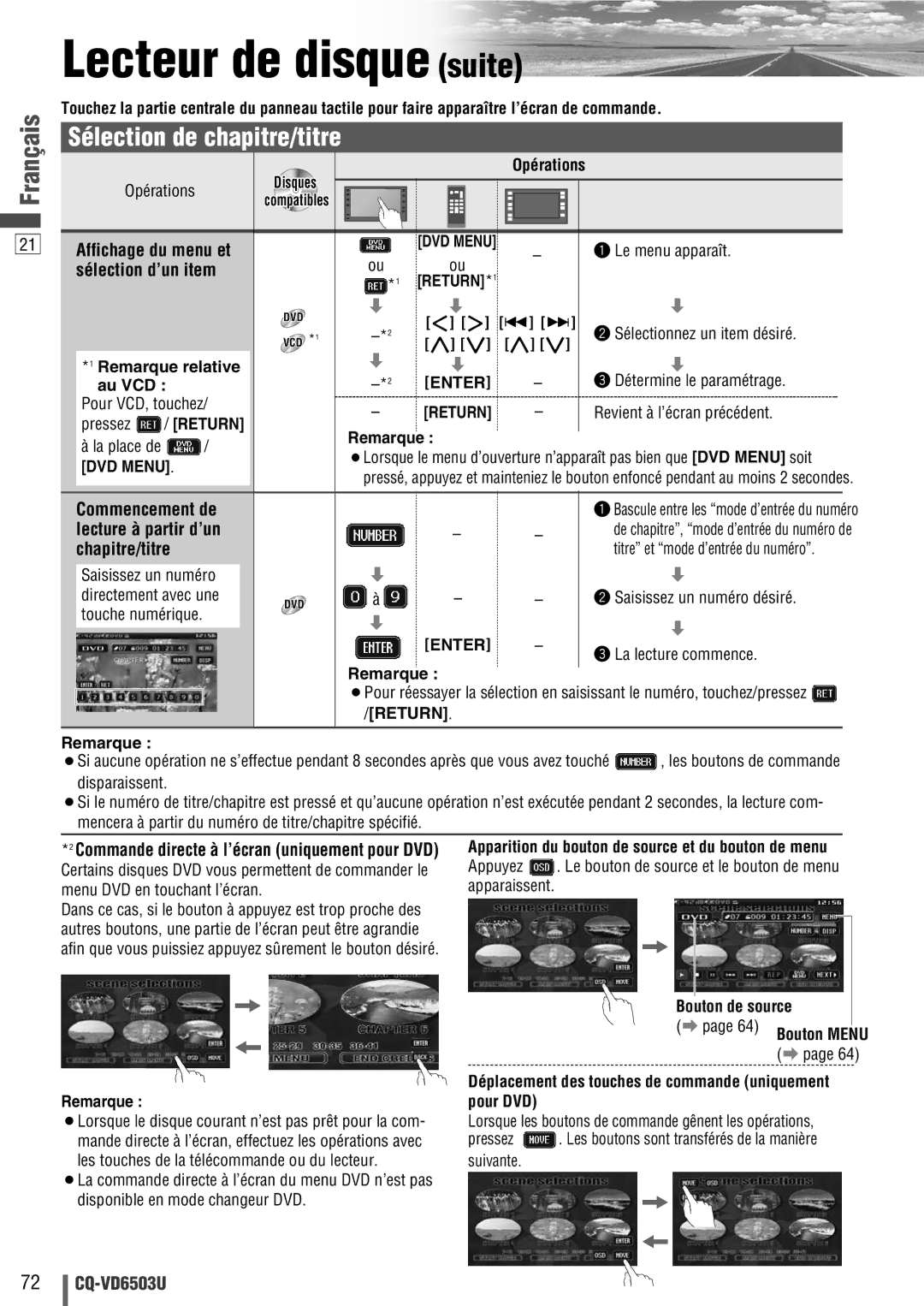 Panasonic CQ-VD6503U warranty Lecteur de disque suite, Sélection de chapitre/titre 