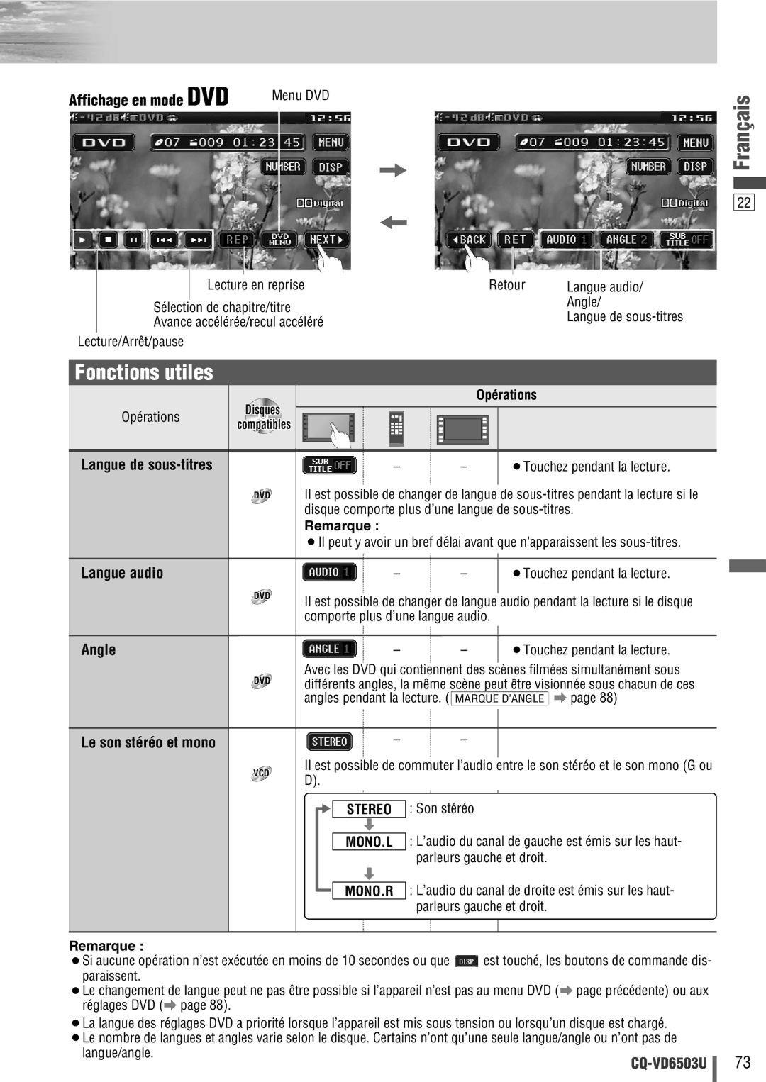 Panasonic CQ-VD6503U warranty Fonctions utiles, Langue de sous-titres, Langue audio, Le son stéréo et mono 