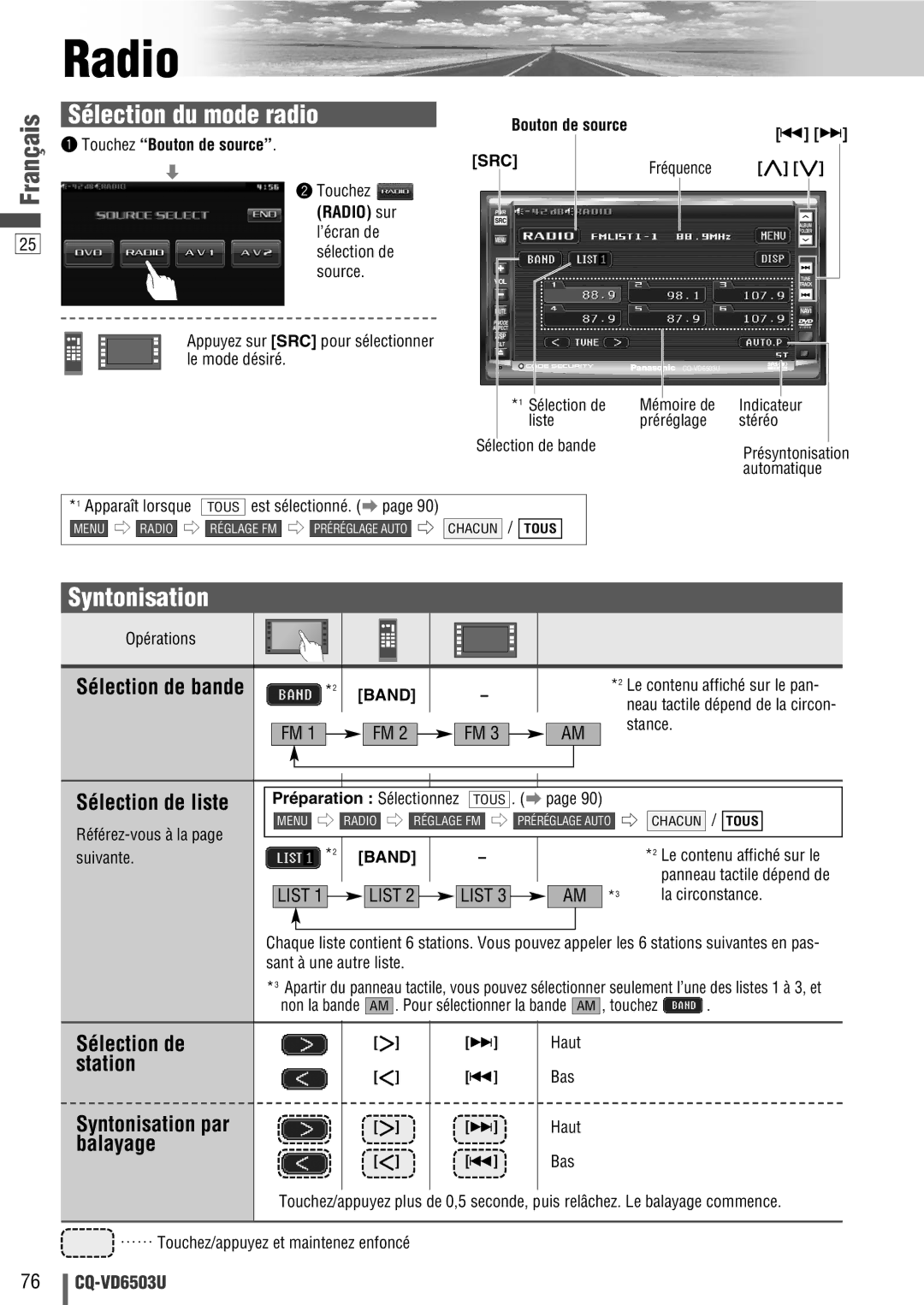 Panasonic CQ-VD6503U warranty Sélection du mode radio, Syntonisation 