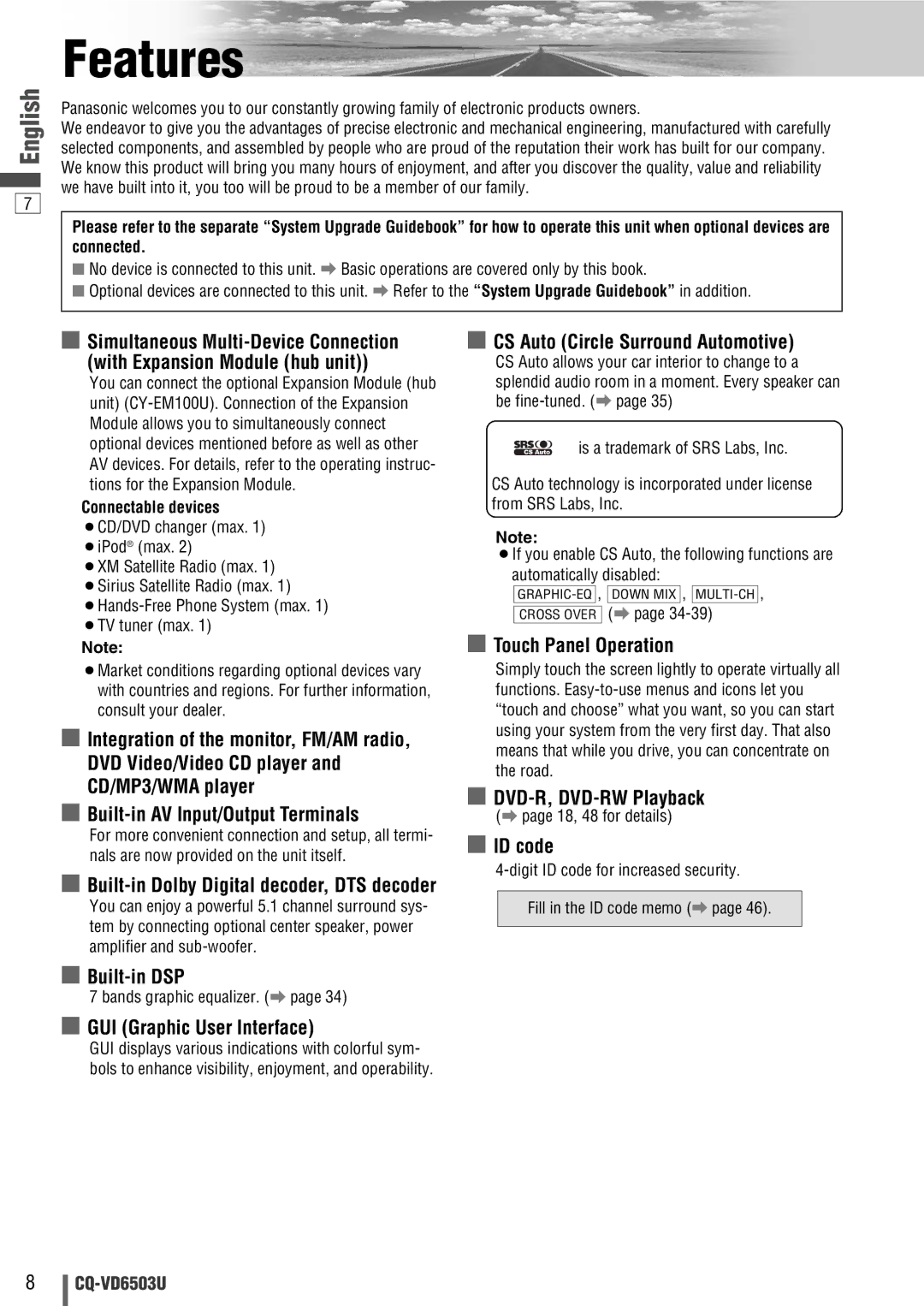 Panasonic CQ-VD6503U warranty Features 