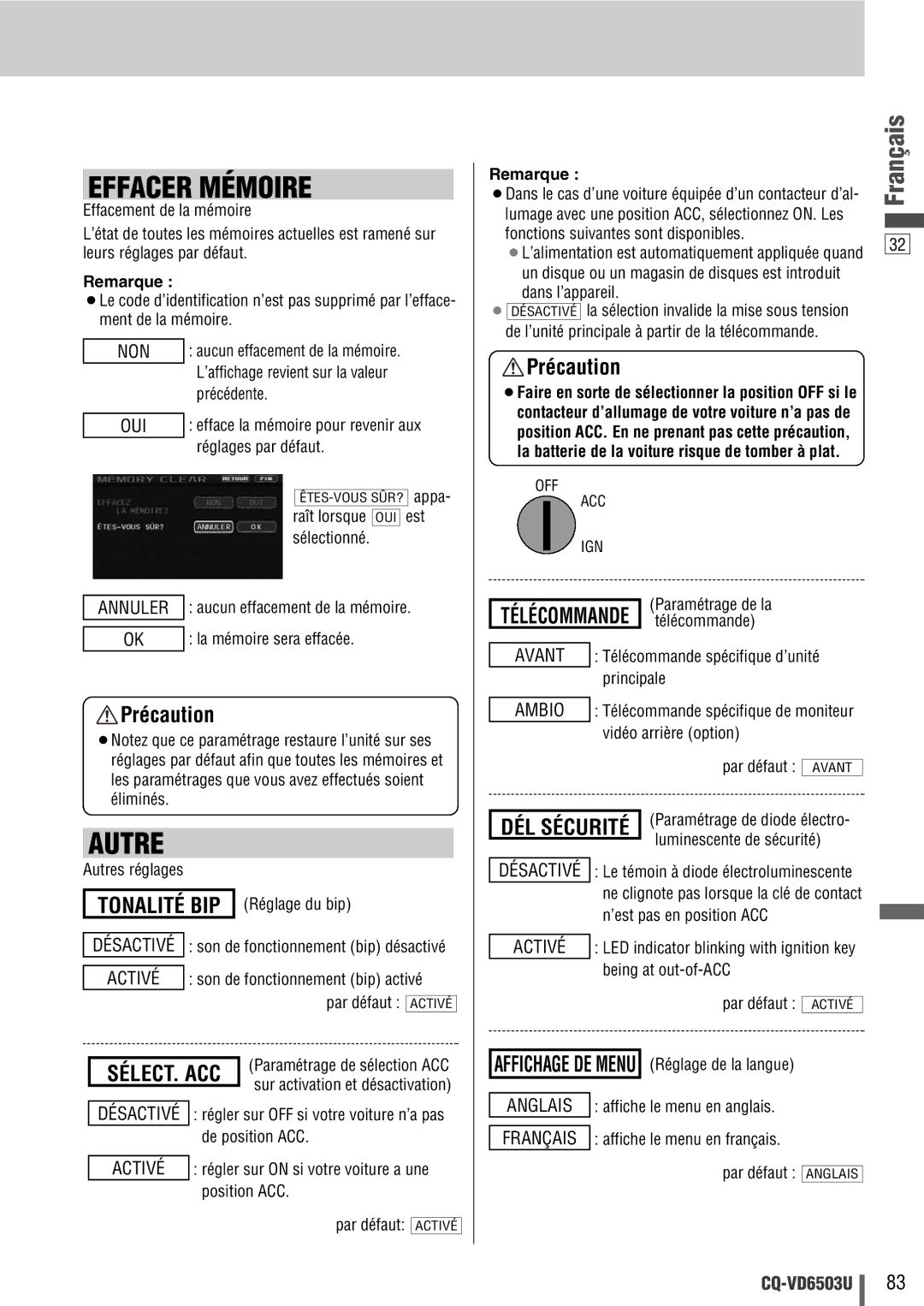 Panasonic CQ-VD6503U warranty Effacer Mémoire, Autre, Télécommande télécommande 