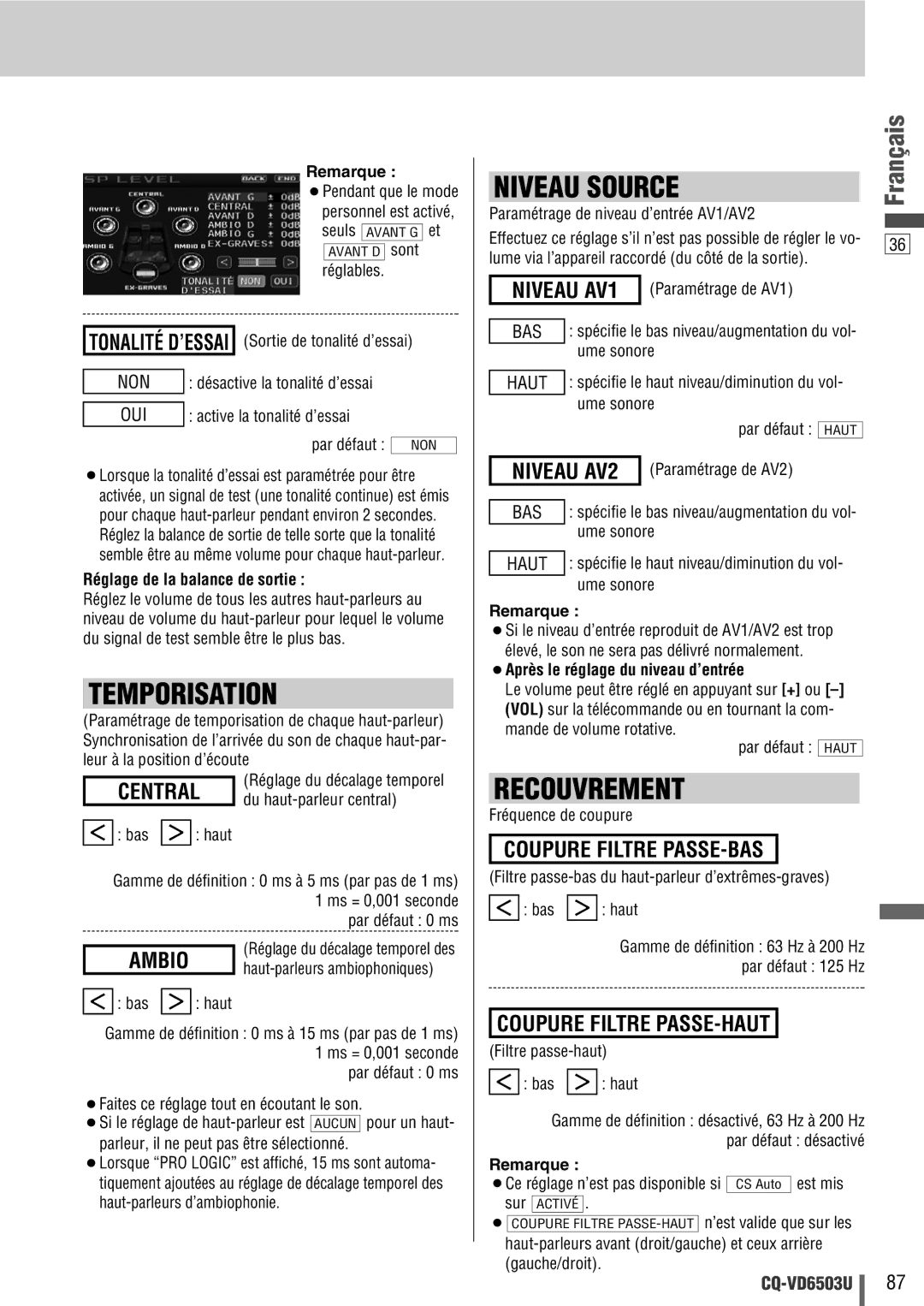 Panasonic CQ-VD6503U Niveau Source, Temporisation, Recouvrement, Coupure Filtre PASSE-BAS, Coupure Filtre PASSE-HAUT 