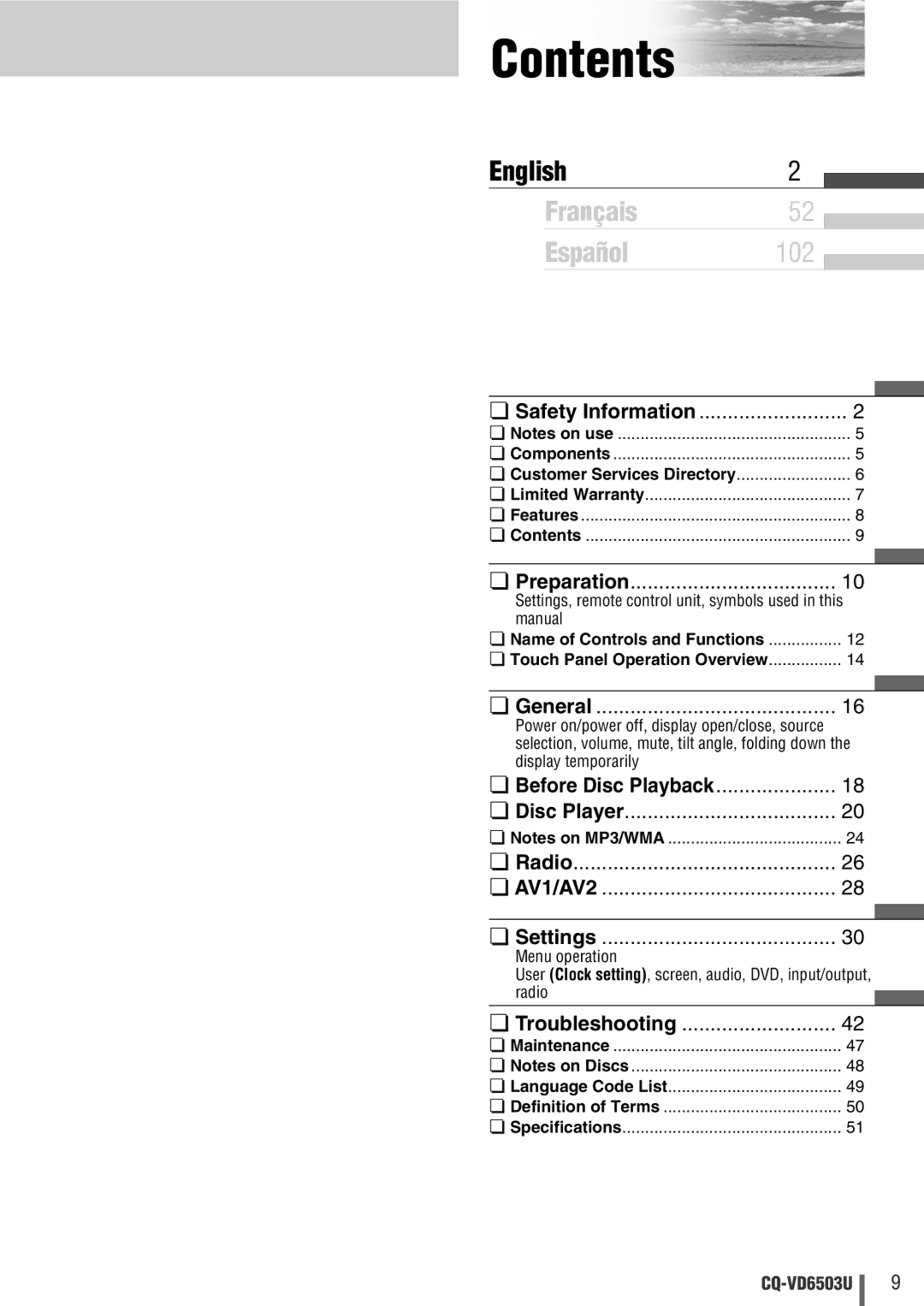 Panasonic CQ-VD6503U warranty Contents 