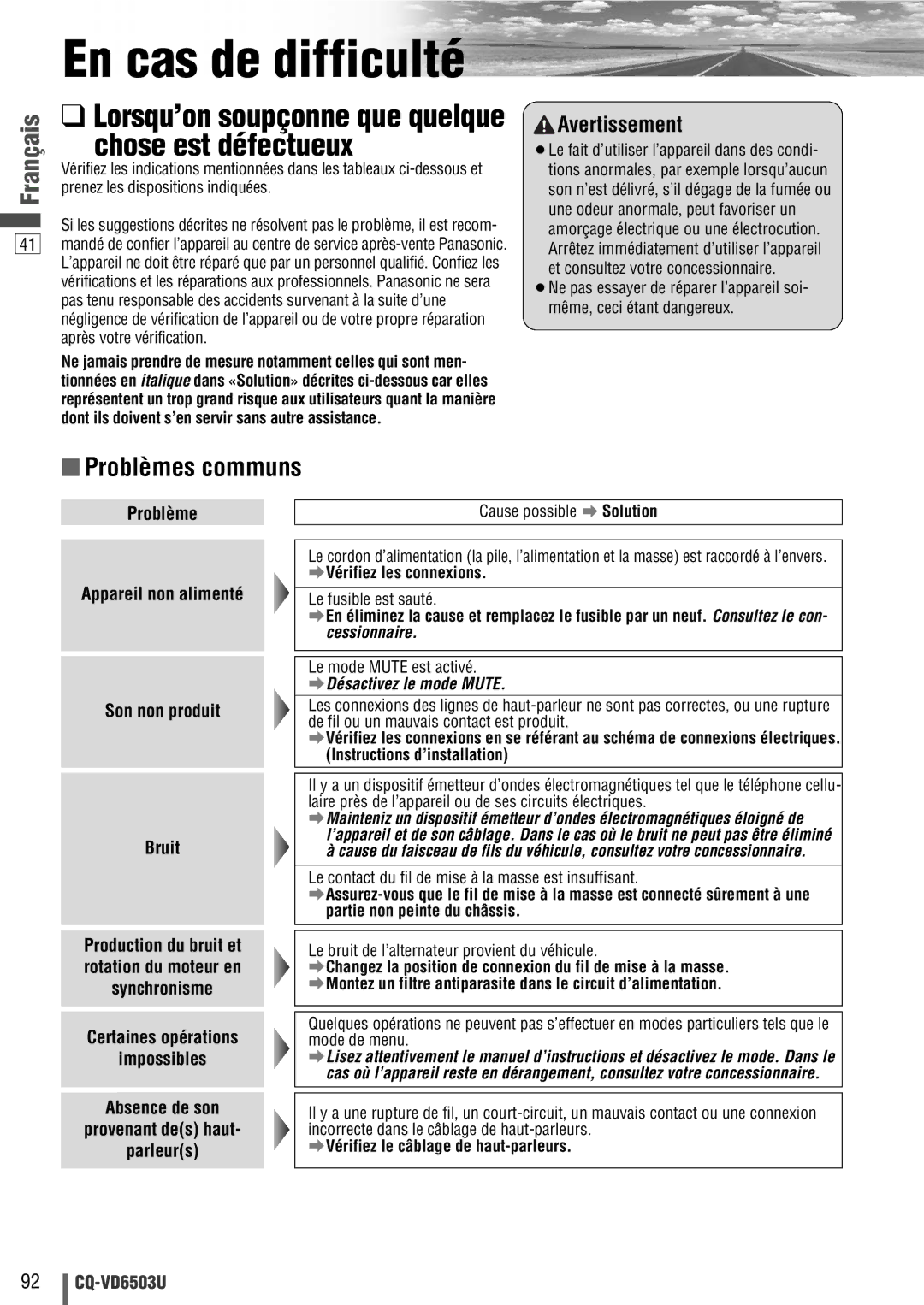 Panasonic CQ-VD6503U En cas de difficulté, Chose est défectueux, Lorsqu’on soupçonne que quelque, Problèmes communs 