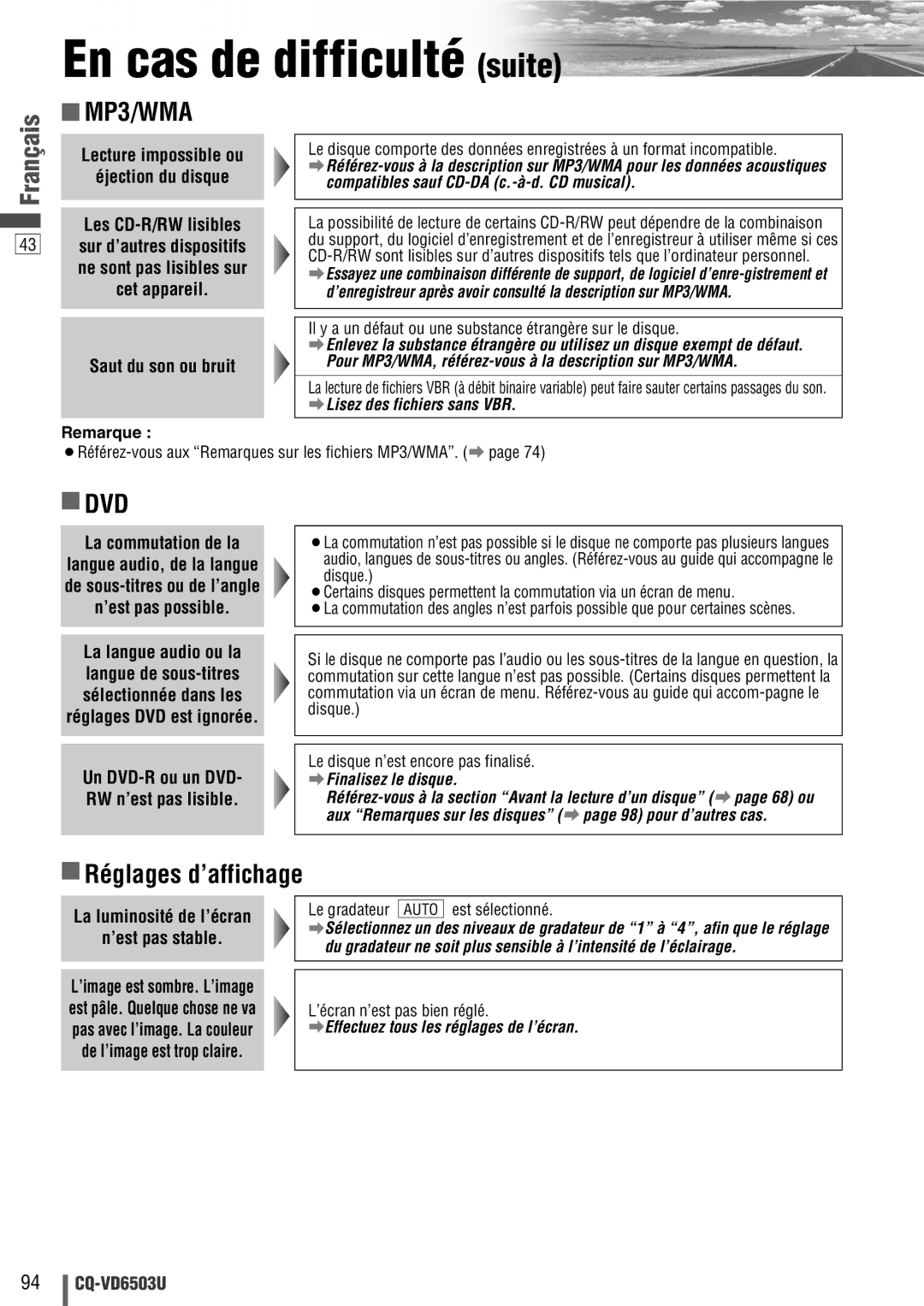 Panasonic CQ-VD6503U warranty En cas de difficulté suite, Réglages d’affichage, Lecture impossible ou Éjection du disque 