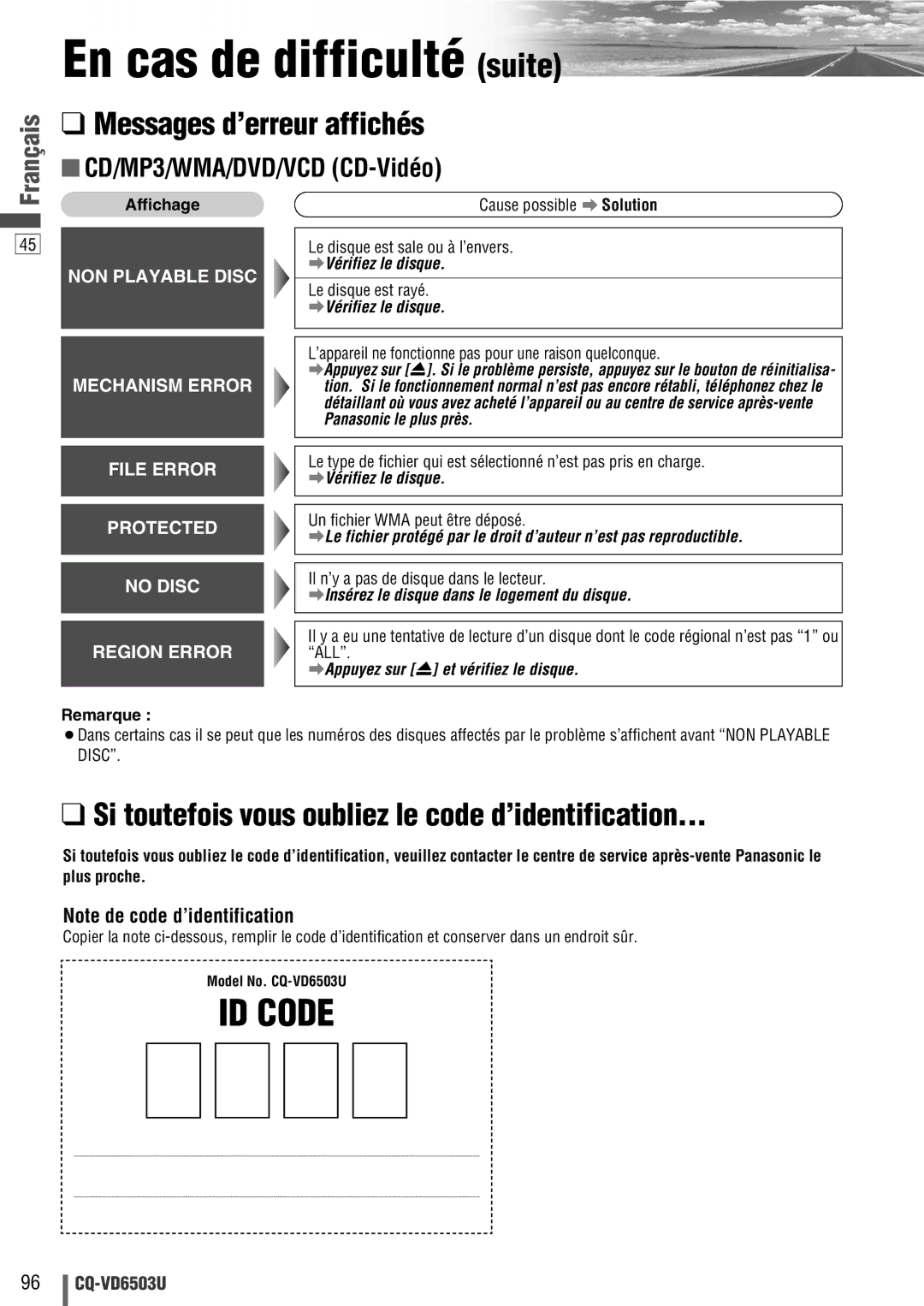 Panasonic CQ-VD6503U warranty Messages d’erreur affichés, Si toutefois vous oubliez le code d’identification, Affichage 