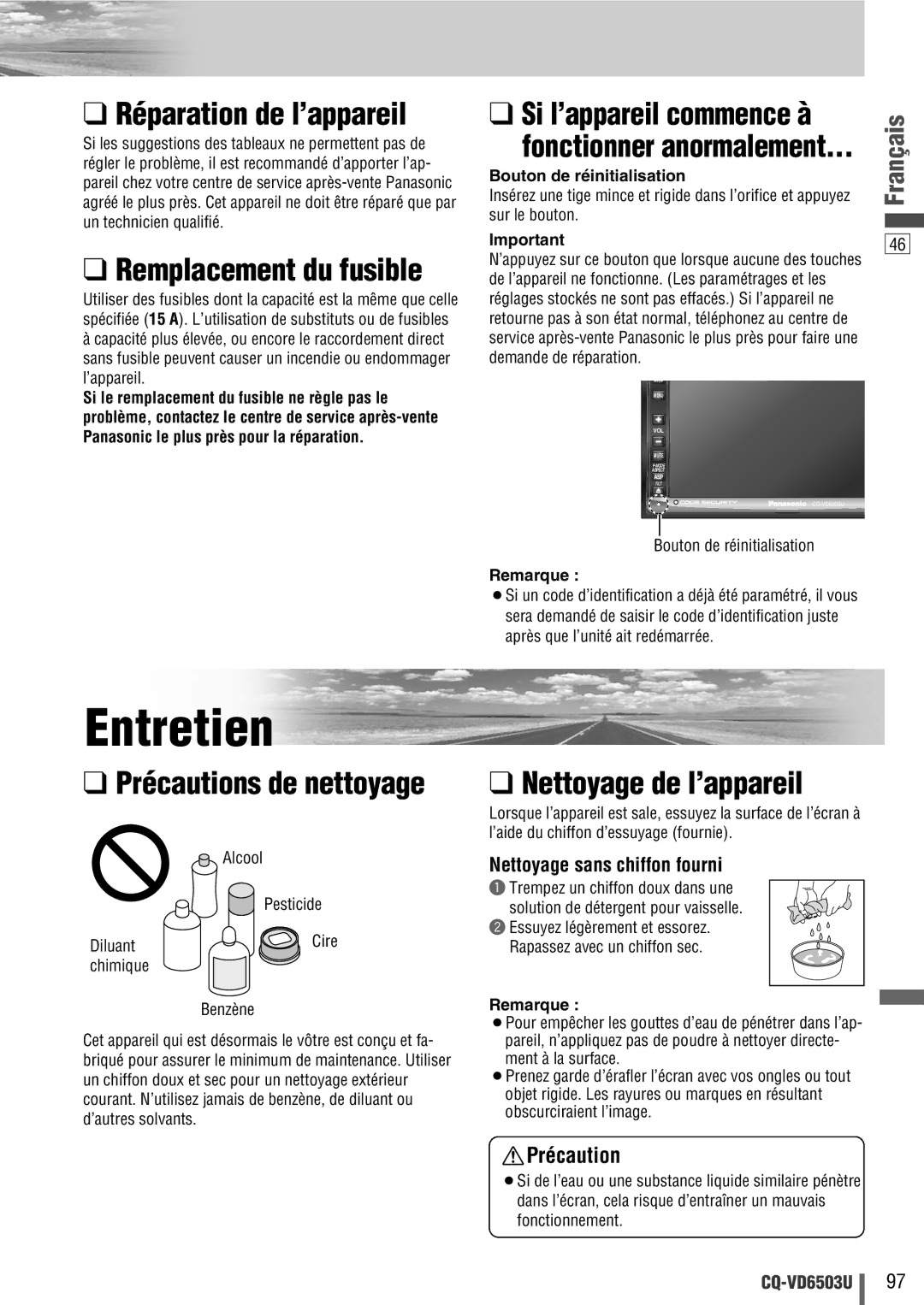 Panasonic CQ-VD6503U warranty Entretien, Réparation de l’appareil, Nettoyage de l’appareil, Nettoyage sans chiffon fourni 