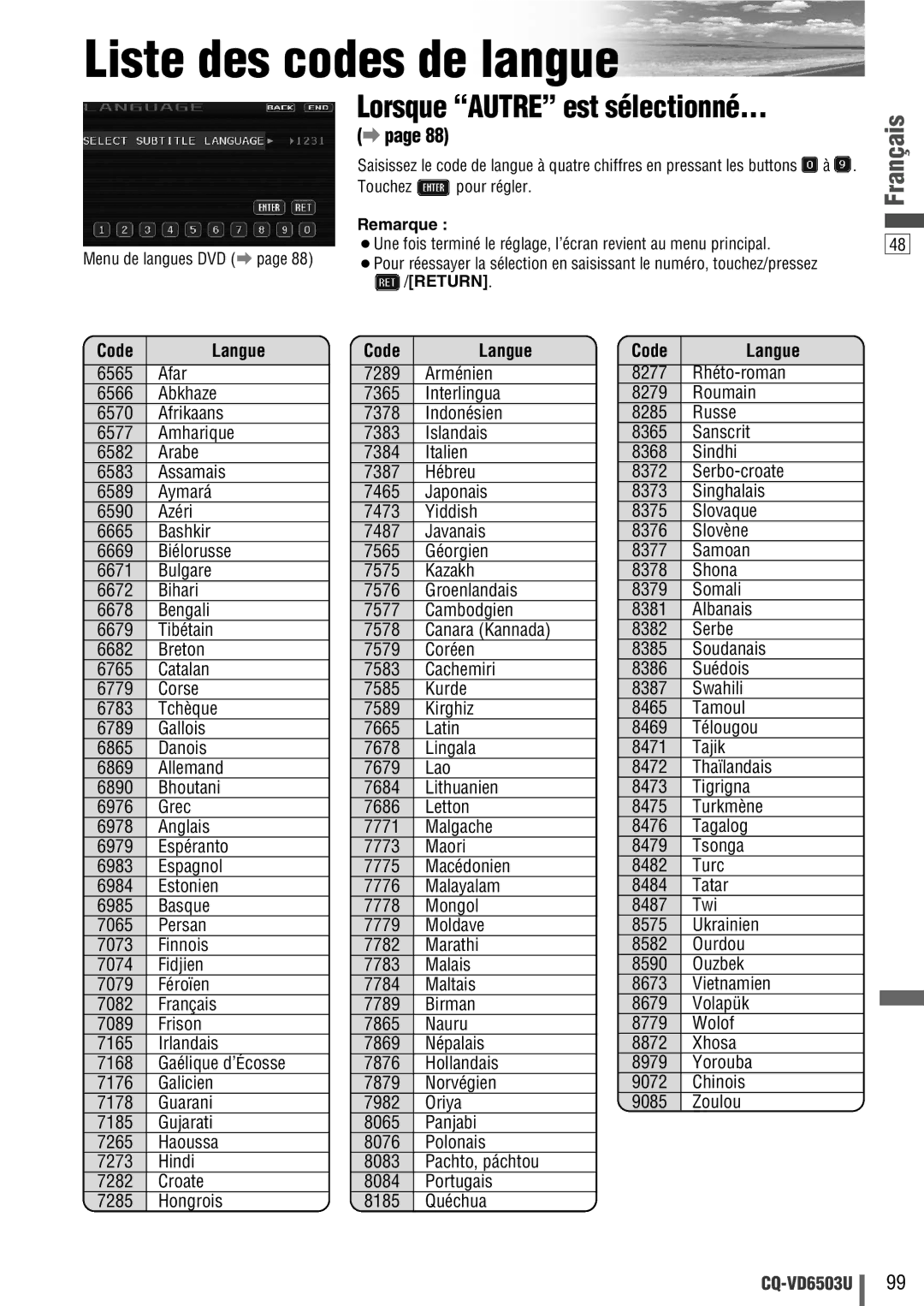 Panasonic CQ-VD6503U warranty Liste des codes de langue, Code Langue, Touchez Pour régler 