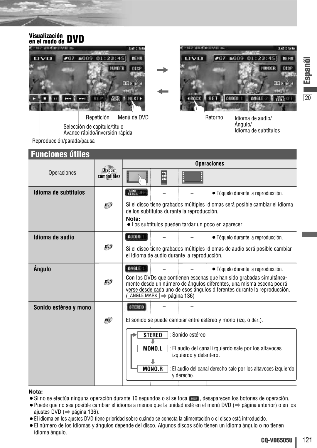 Panasonic CQ-VD6505U warranty Funciones útiles, Idioma de subtítulos, Idioma de audio, Ángulo, Stereo 