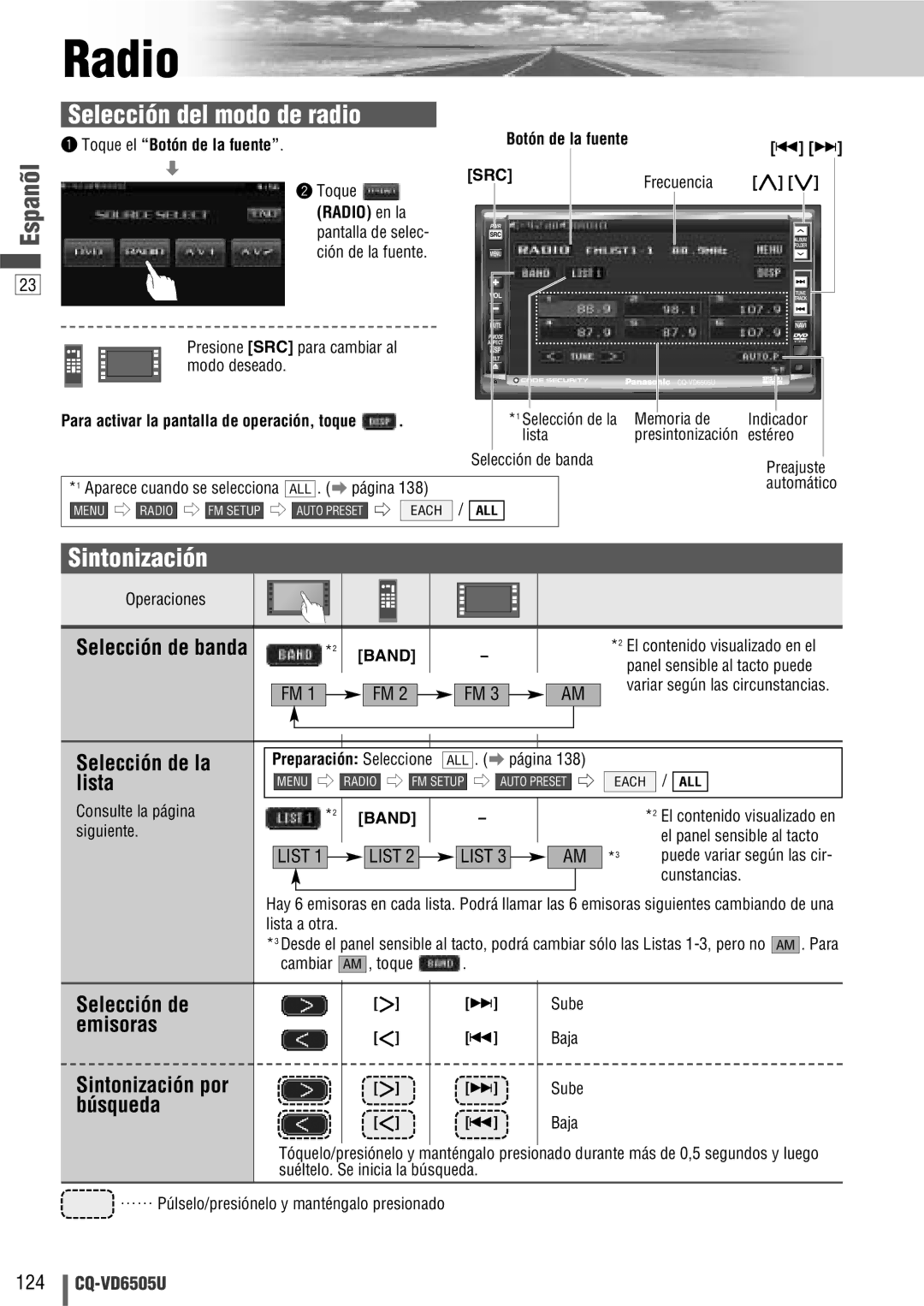 Panasonic CQ-VD6505U warranty Radio, Selección del modo de radio, Sintonización 