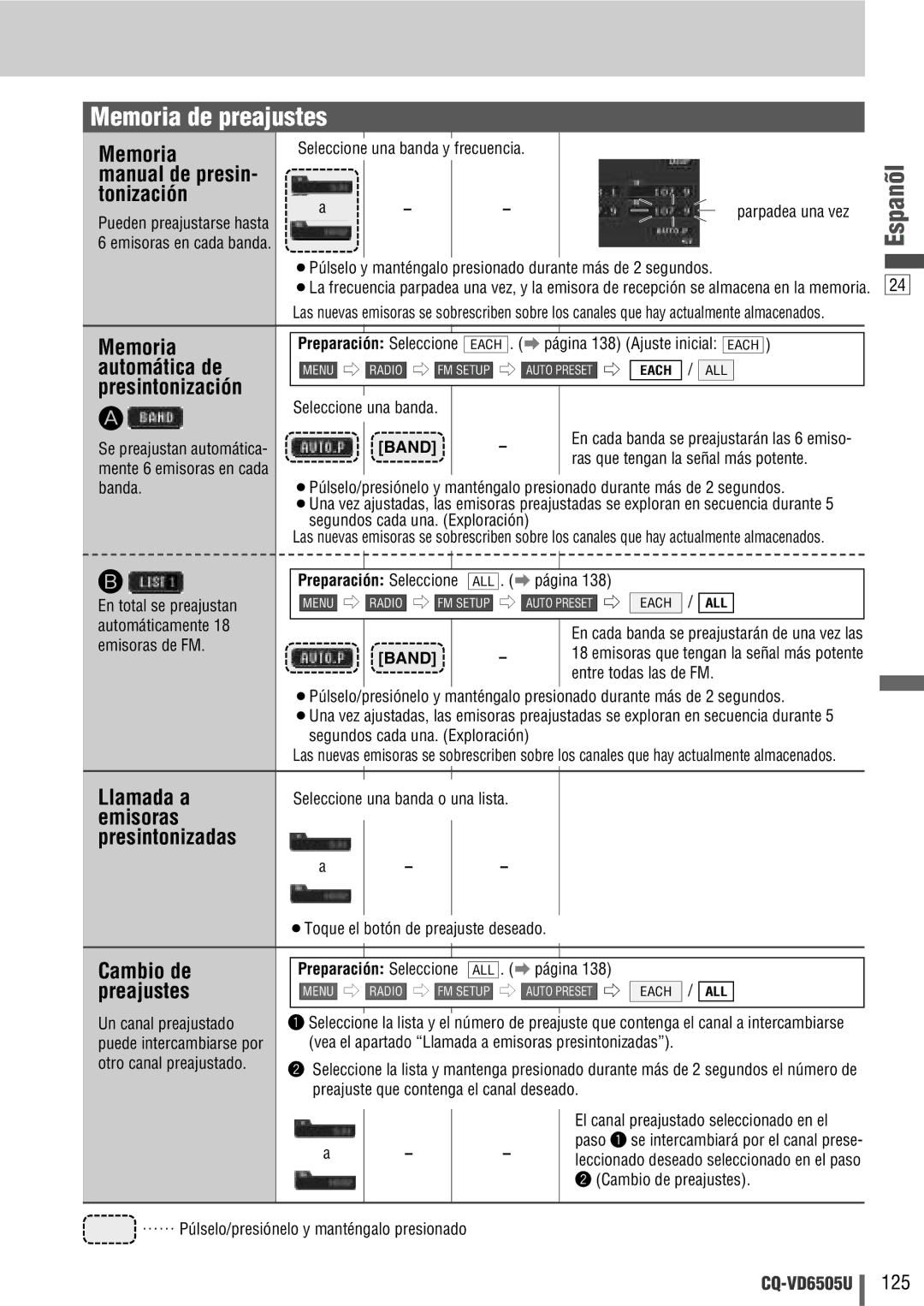 Panasonic CQ-VD6505U warranty Memoria de preajustes 