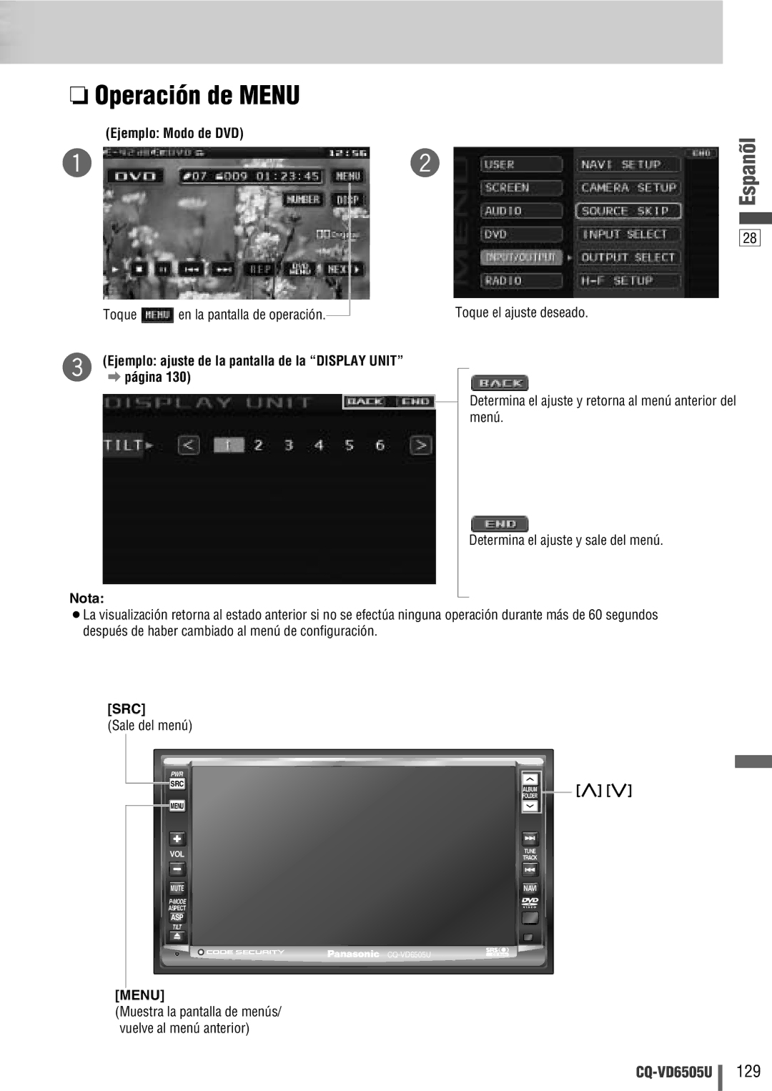 Panasonic CQ-VD6505U Operación de Menu, Ejemplo Modo de DVD, Ejemplo ajuste de la pantalla de la Display Unit a página 