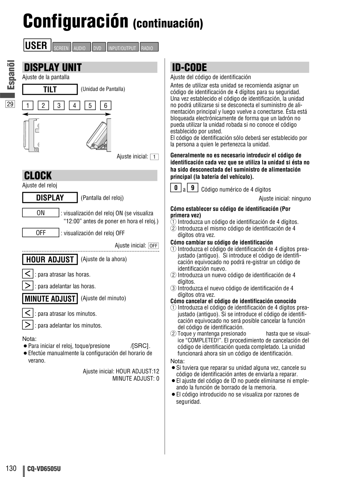 Panasonic CQ-VD6505U warranty Configuración continuación, Display Unit, Clock, Id-Code 