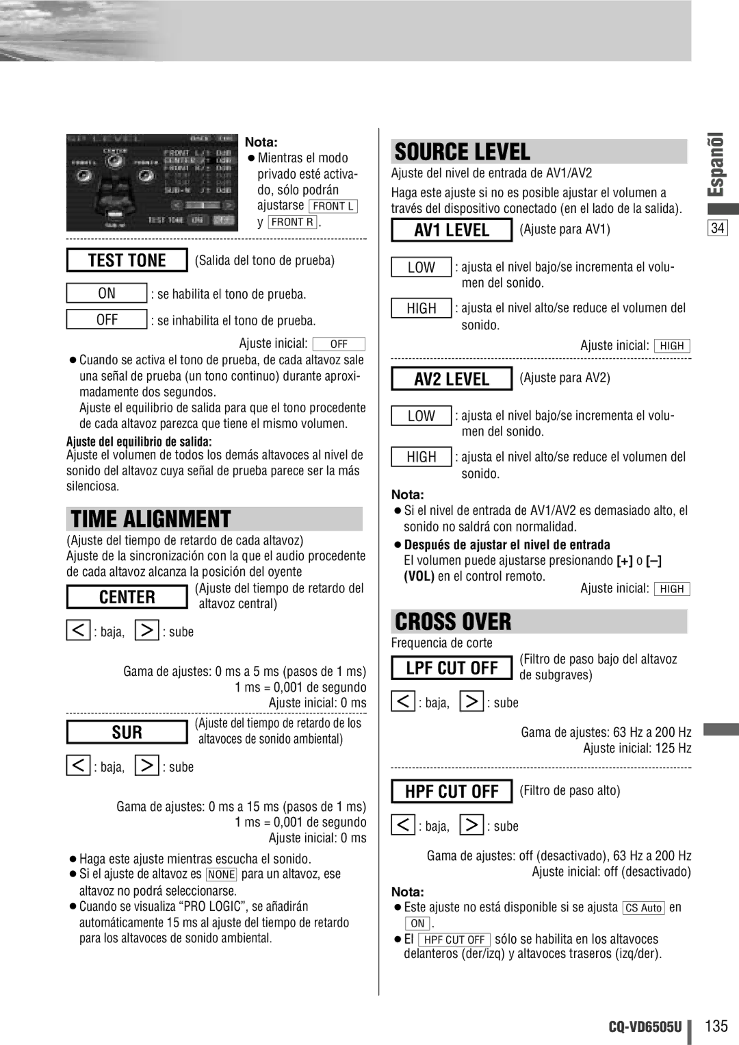 Panasonic CQ-VD6505U warranty Time Alignment, Source Level, AV1 Level, AV2 Level, Center 