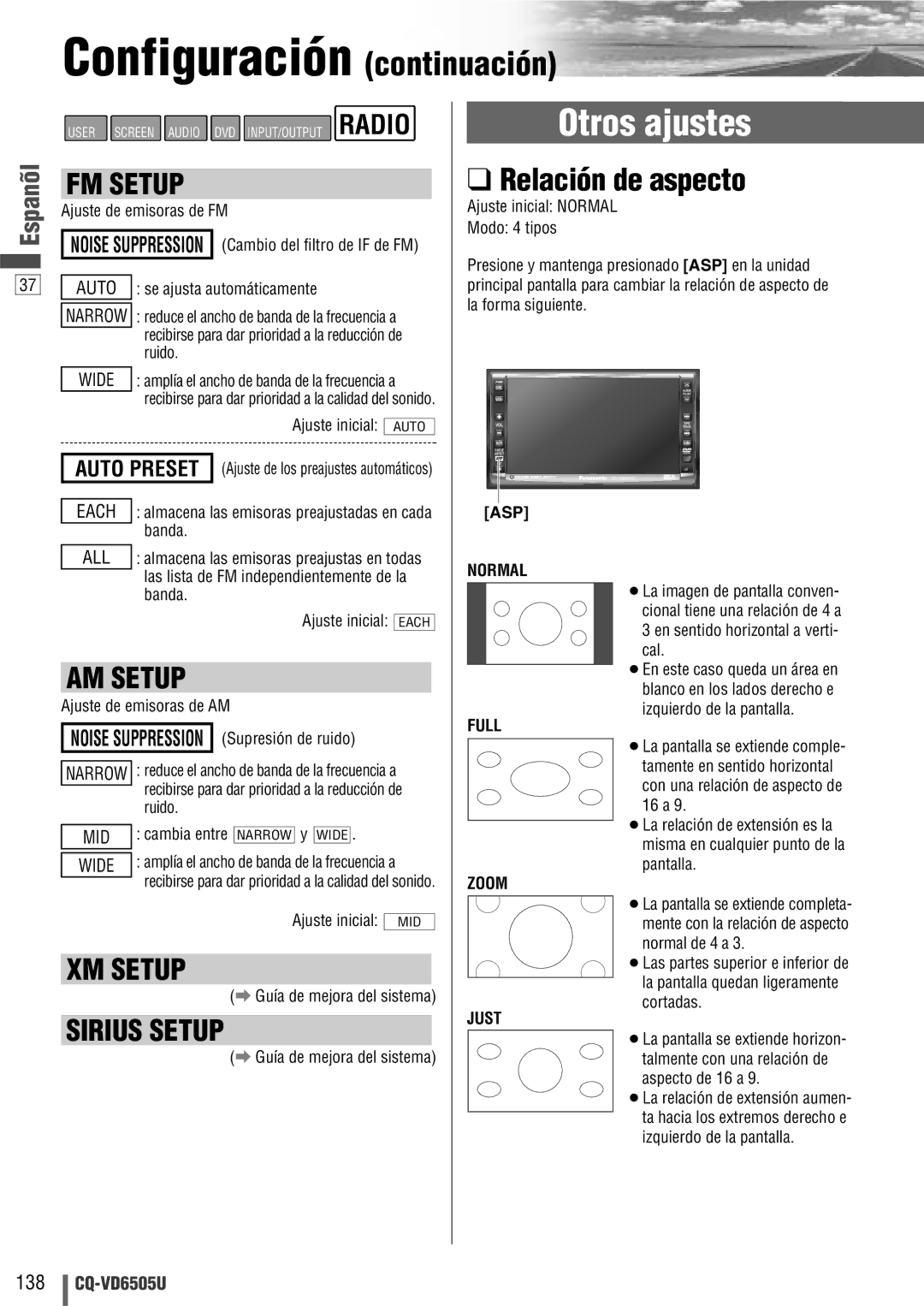 Panasonic CQ-VD6505U warranty Relación de aspecto, FM Setup, AM Setup, XM Setup, Sirius Setup 