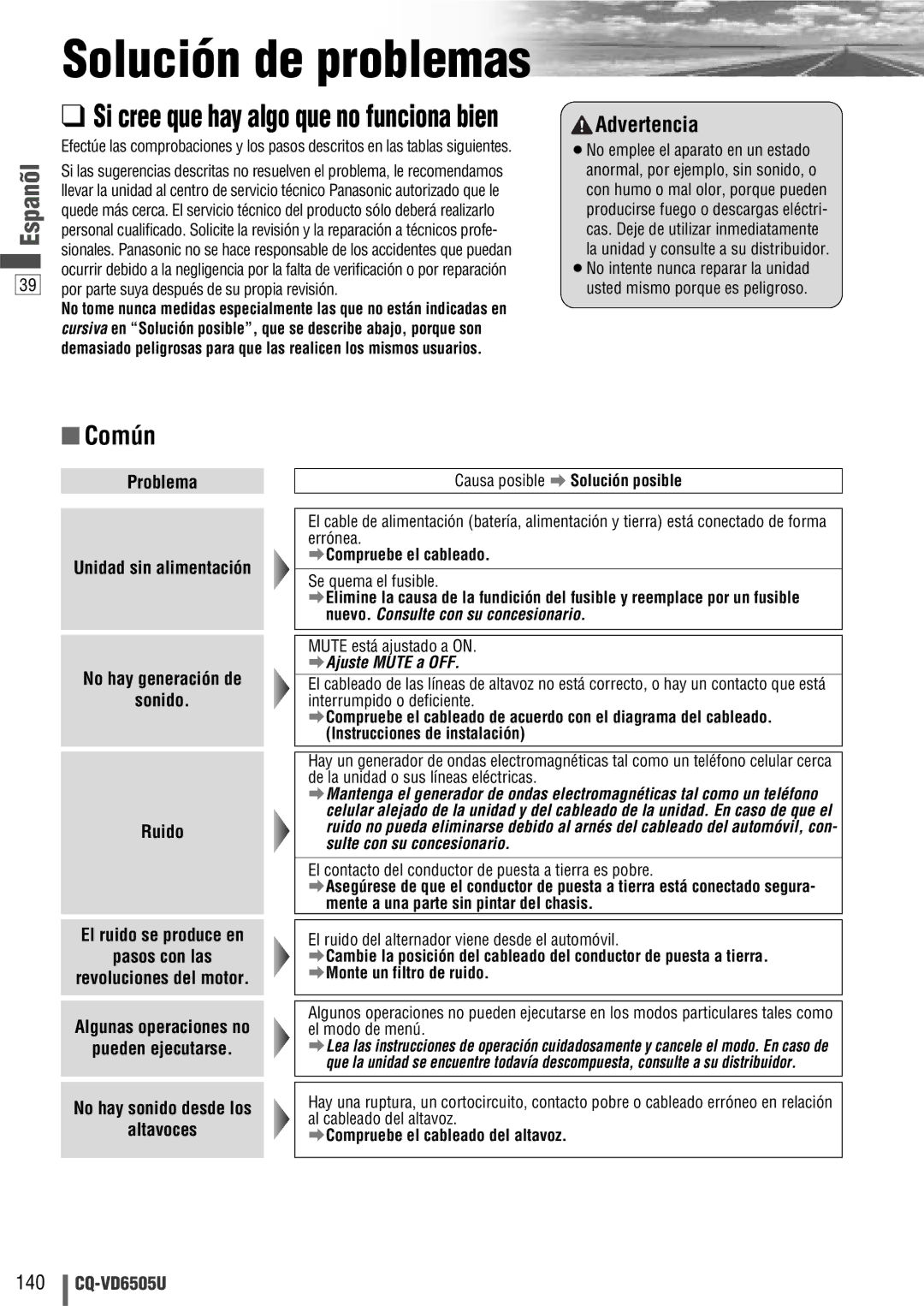 Panasonic CQ-VD6505U warranty Causa posible a Solución posible, Compruebe el cableado del altavoz 