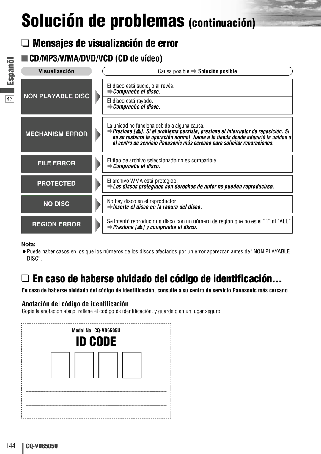 Panasonic CQ-VD6505U warranty Mensajes de visualización de error 