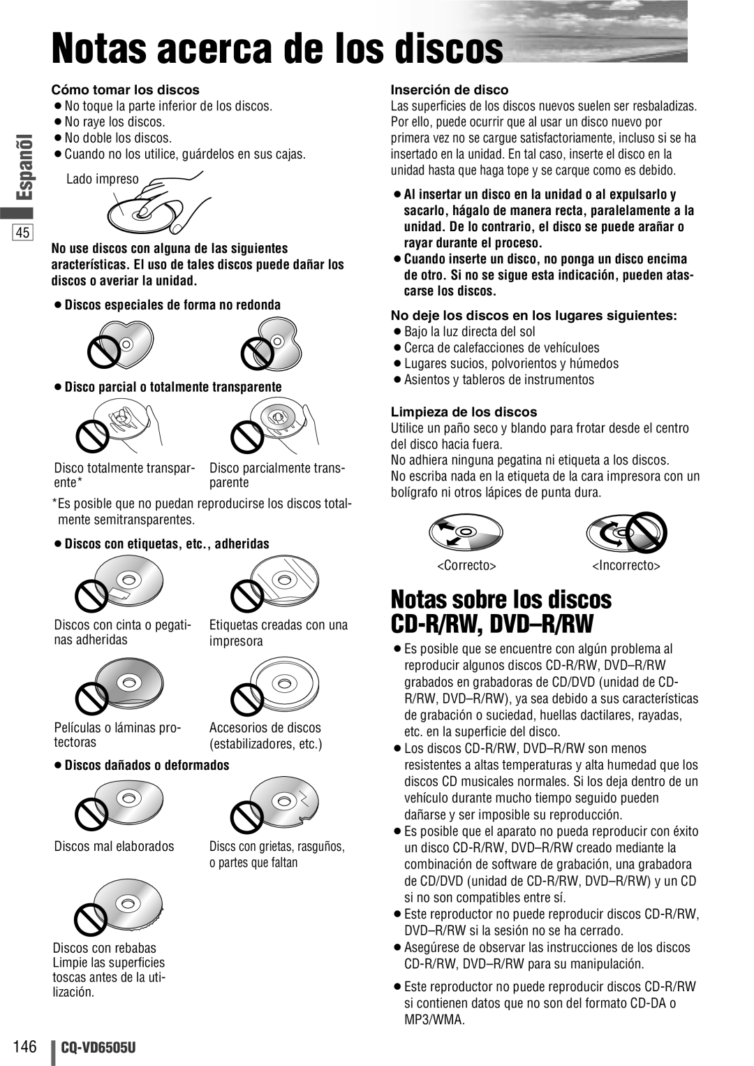 Panasonic CQ-VD6505U warranty Notas acerca de los discos, Notas sobre los discos 