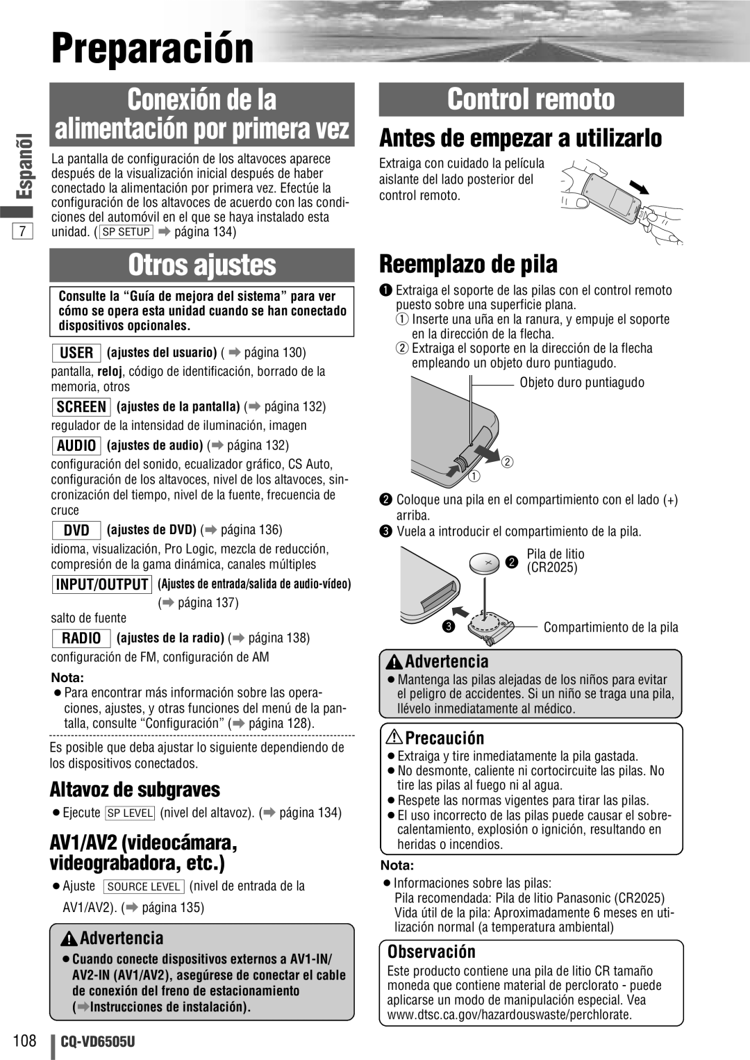 Panasonic CQ-VD6505U warranty Preparación, Antes de empezar a utilizarlo, Reemplazo de pila, Observación 