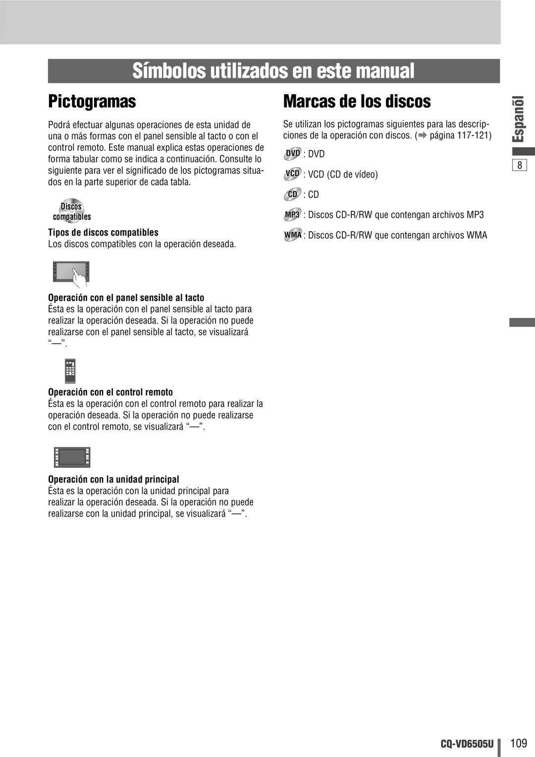 Panasonic CQ-VD6505U warranty Pictogramas, Marcas de los discos 