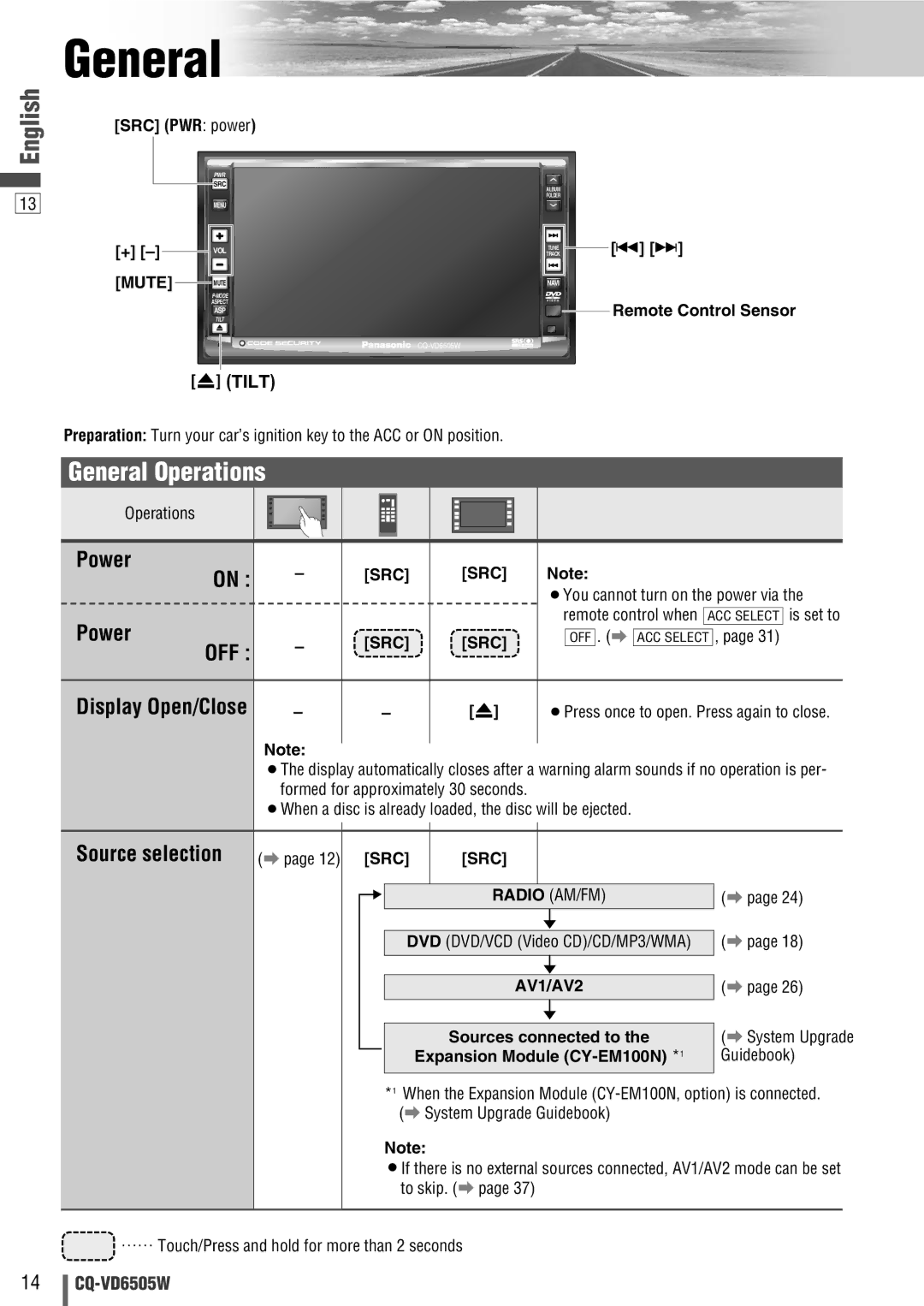 Panasonic CQ-VD6505W manual General Operations, Off 