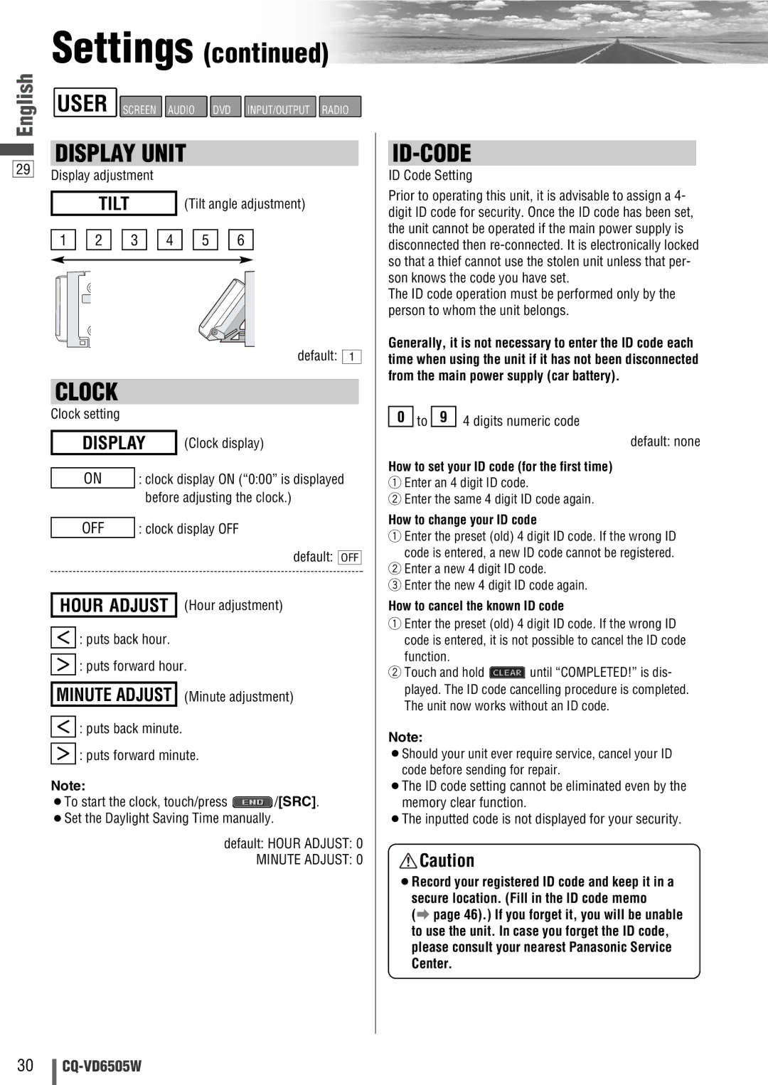 Panasonic CQ-VD6505W manual Tilt, Display, How to set your ID code for the first time, How to change your ID code 