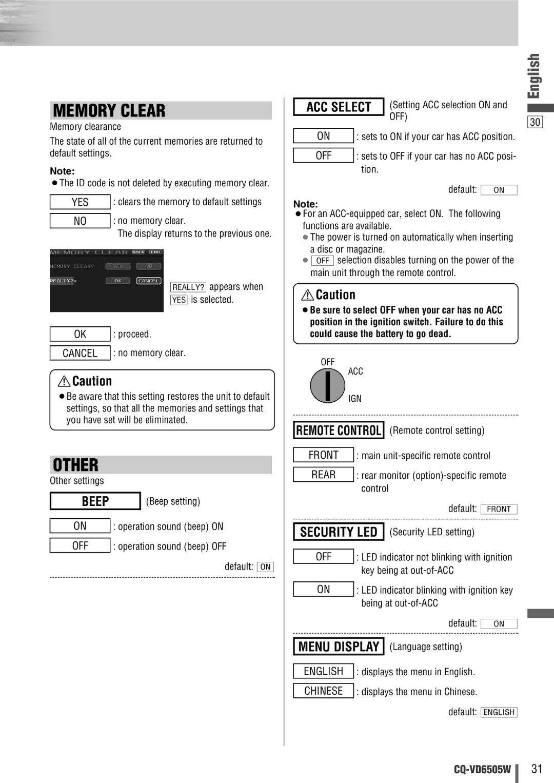 Panasonic CQ-VD6505W manual ACC Select 