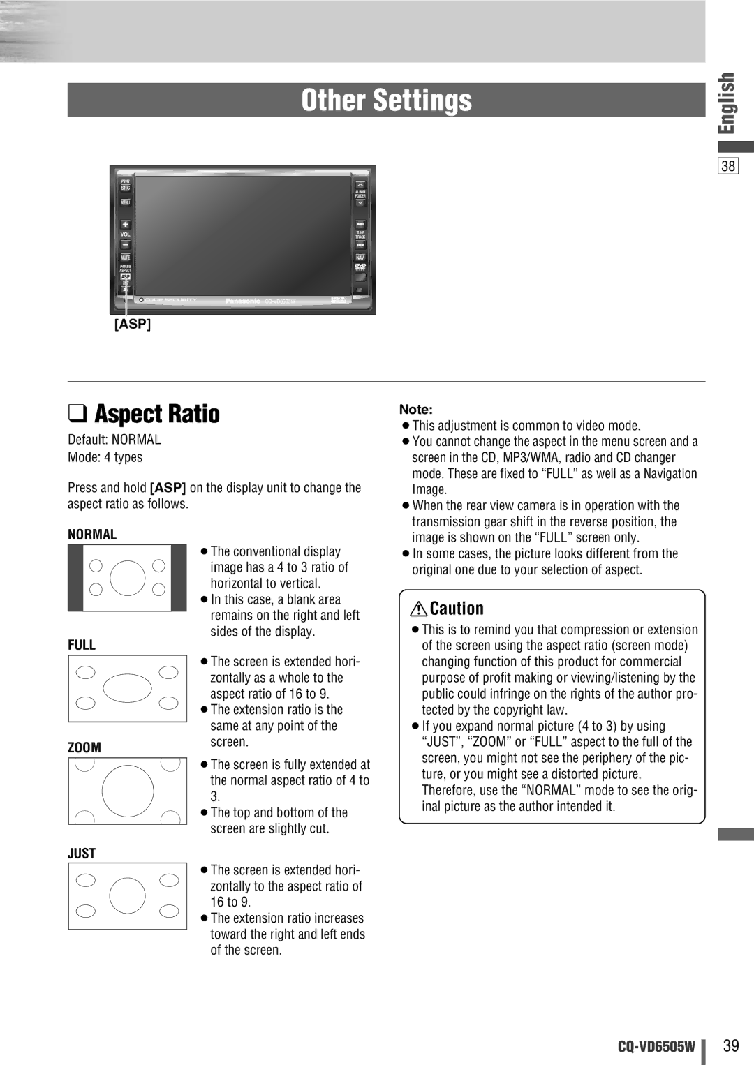 Panasonic CQ-VD6505W manual Aspect Ratio 