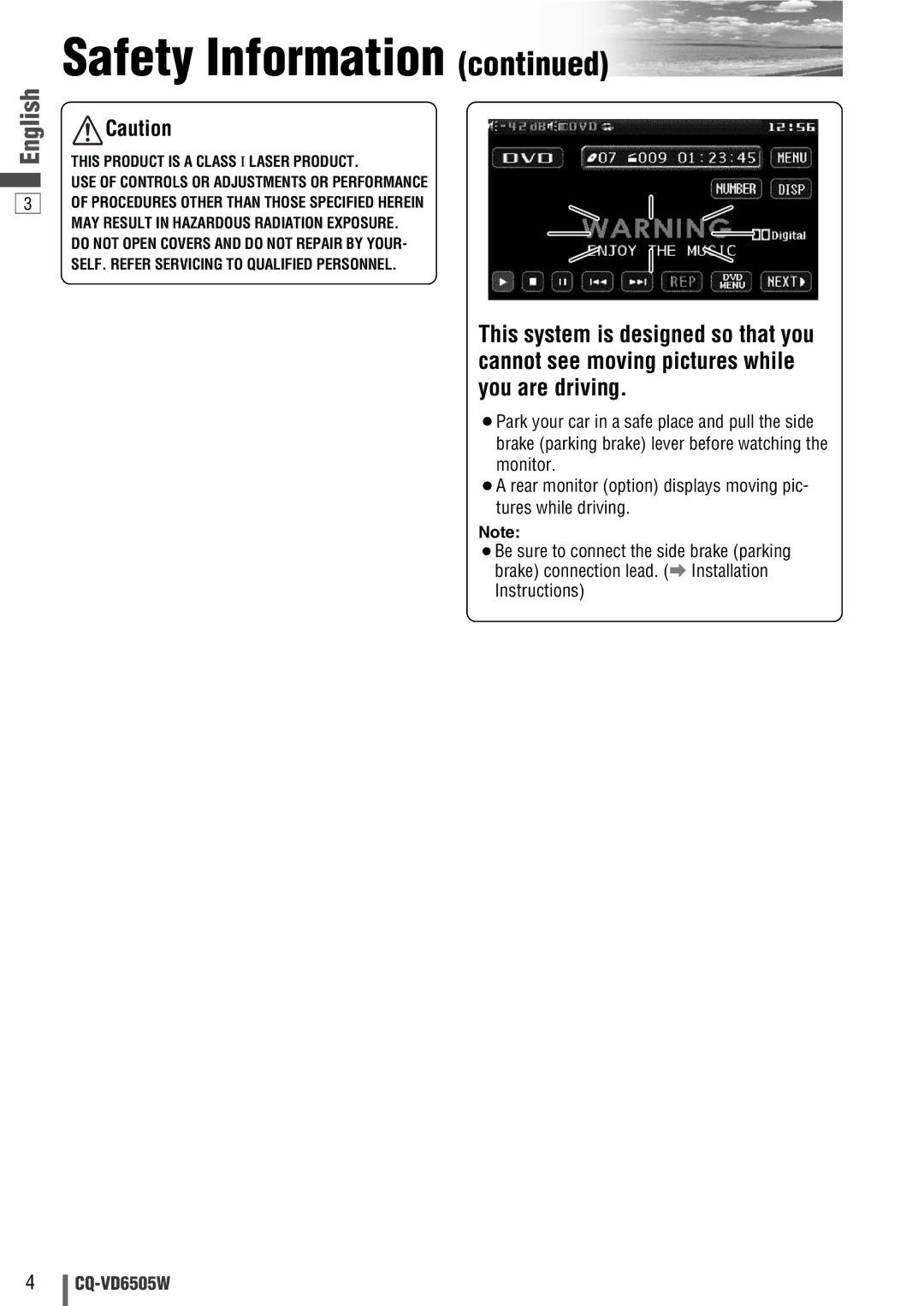 Panasonic CQ-VD6505W manual Safety Information 