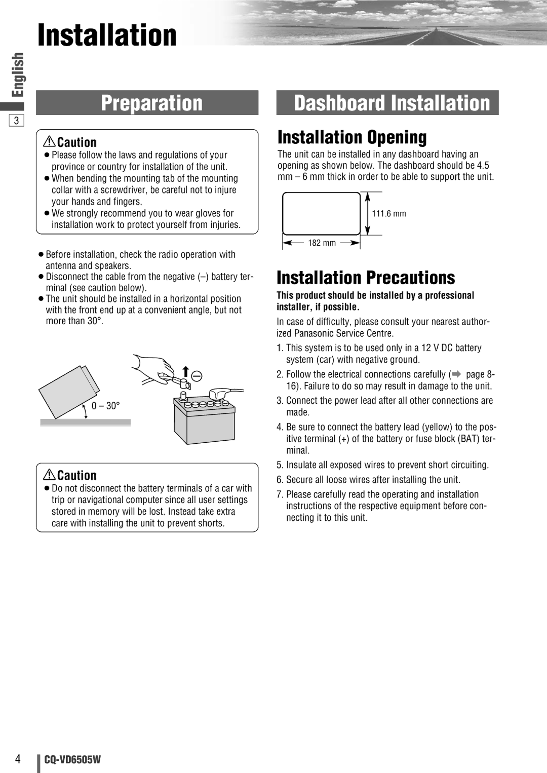 Panasonic CQ-VD6505W manual Preparation, Dashboard Installation, Installation Opening, Installation Precautions 